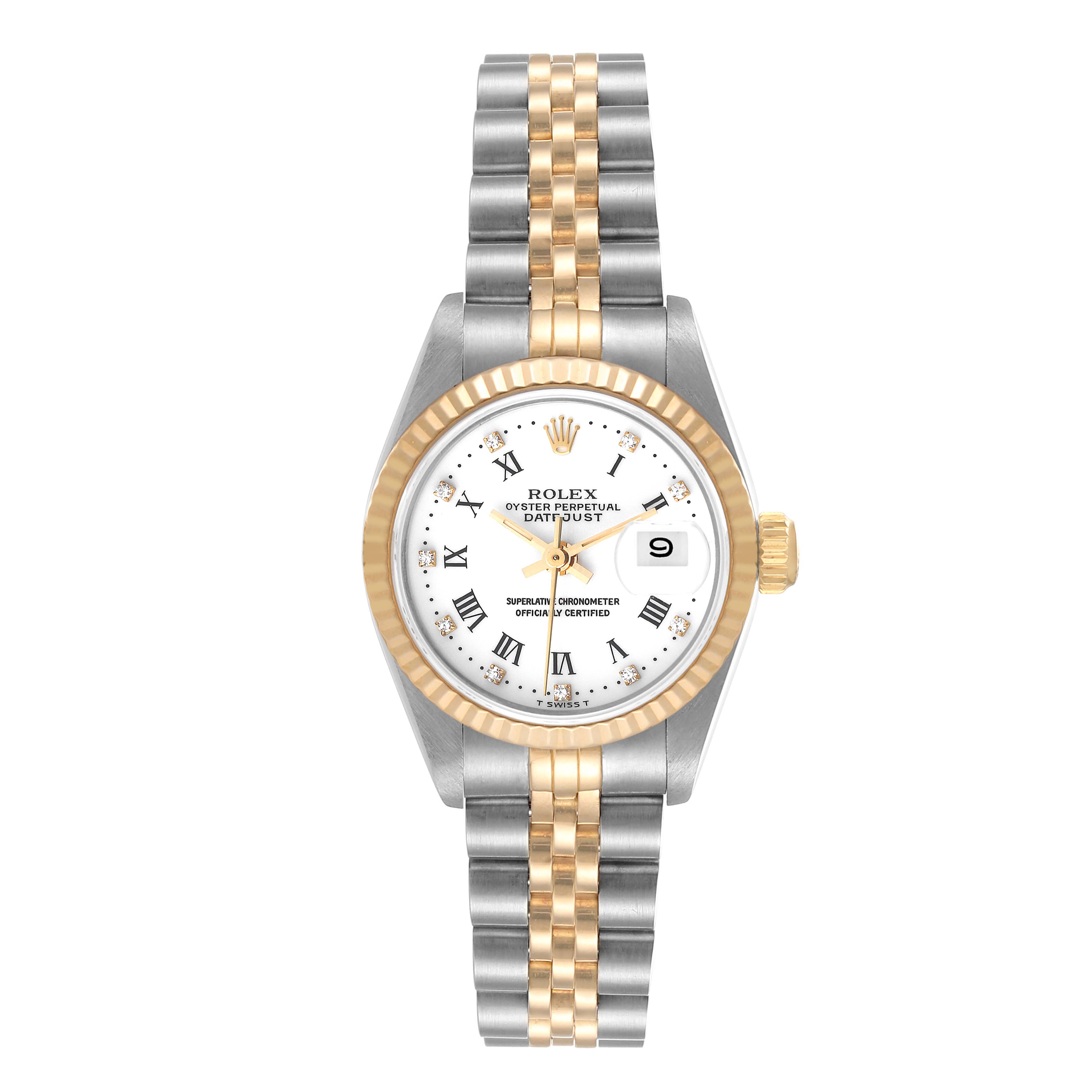 The Rolex Datejust 69173 Women's Steel and Gold (two tone) White Dial 69173 Women's Steel and Gold (two tone) White Dial watch is shown from a top-down angle, displaying the entire face, bezel, and bracelet.