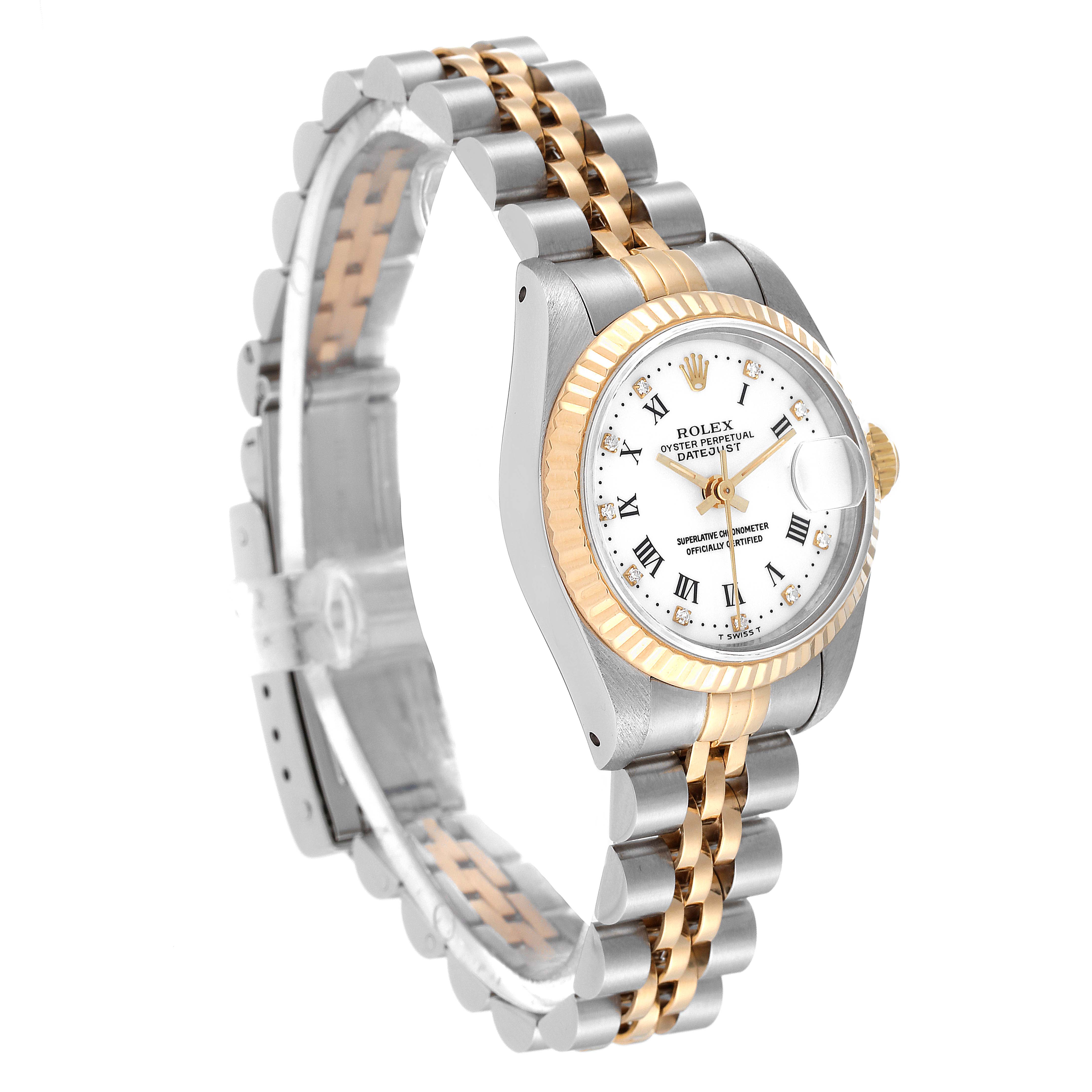 The image shows a Rolex Datejust 69173 Women's Steel and Gold (two tone) White Dial 69173 Women's Steel and Gold (two tone) White Dial watch at a three-quarter angle, highlighting the dial, fluted bezel, and two-tone bracelet.