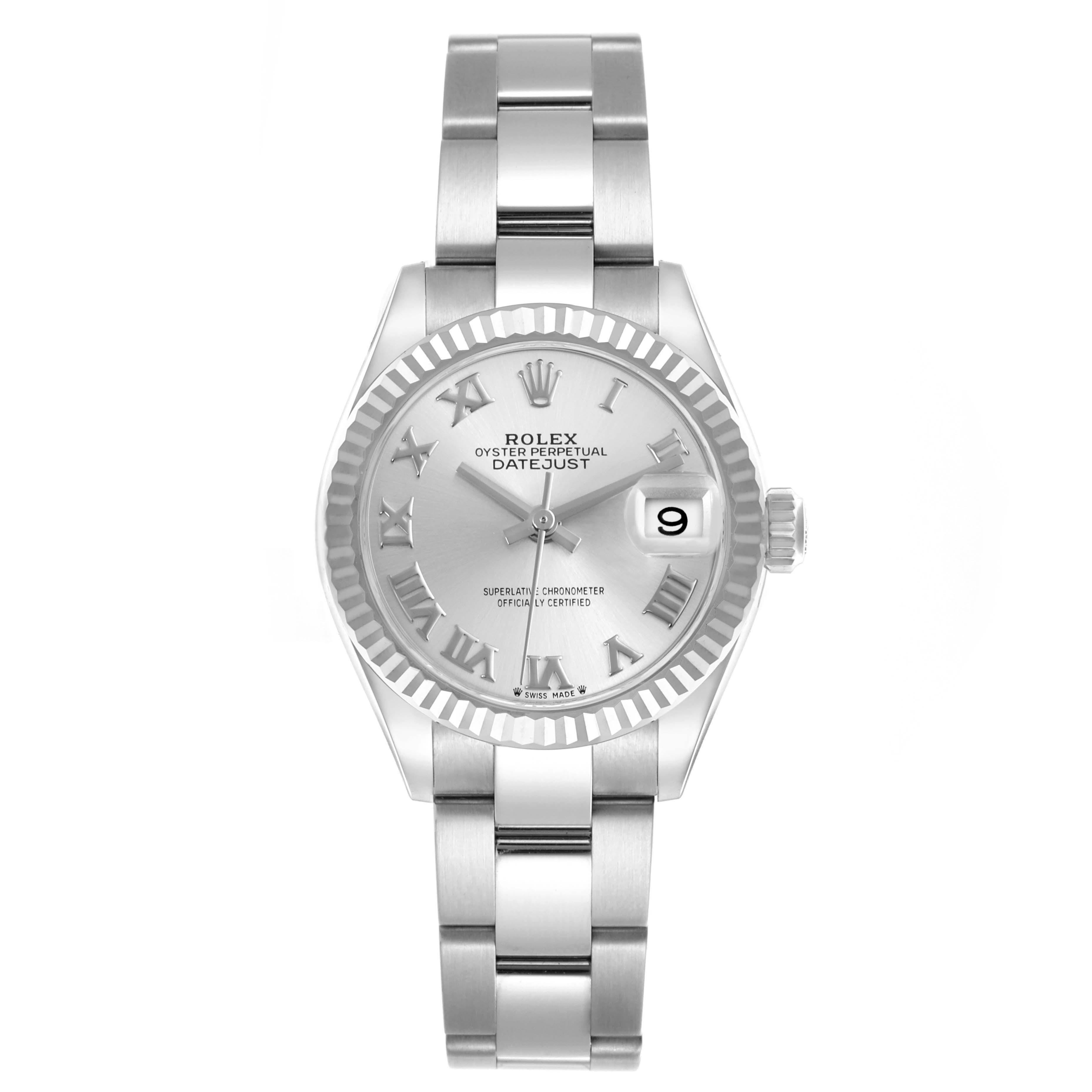The Rolex Datejust 279174 Women's Stainless Steel Silver Dial 279174 Women's Stainless Steel Silver Dial watch is shown from the front, displaying its face, fluted bezel, bracelet, and date window.