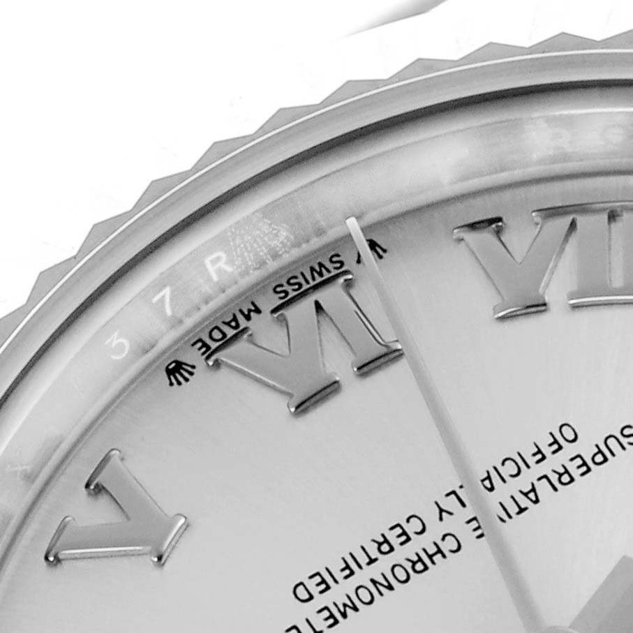 The image shows a close-up of the dial and Roman numeral markers of a Rolex Datejust 279174 Women's Stainless Steel Silver Dial 279174 Women's Stainless Steel Silver Dial, highlighting the edge and "Swiss Made" text.