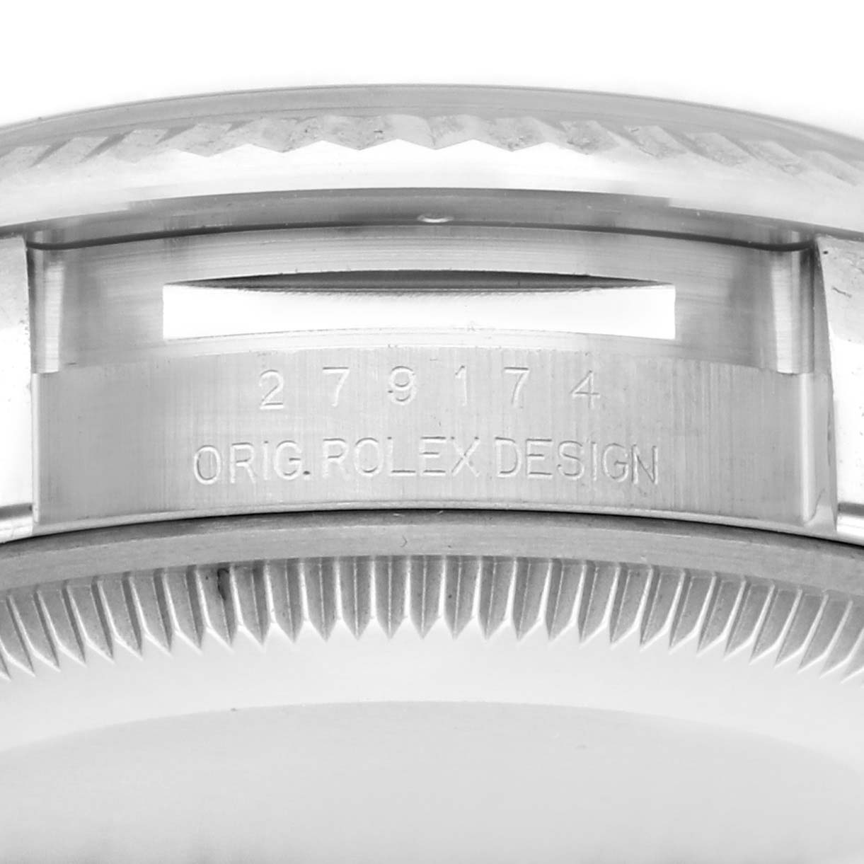 The image shows a close-up of the Rolex Datejust 279174 Women's Stainless Steel Silver Dial 279174 Women's Stainless Steel Silver Dial model's case side, highlighting the engraved model number "279174" and "ORIG. ROLEX DESIGN."