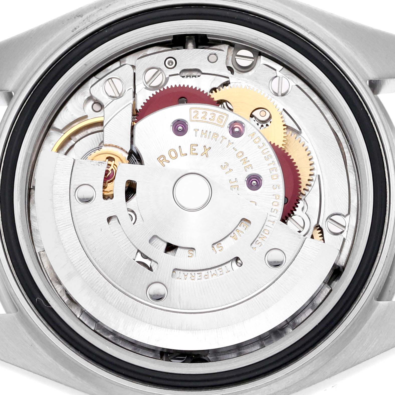 This image shows the movement mechanism of a Rolex Datejust 279174 Women's Stainless Steel Silver Dial 279174 Women's Stainless Steel Silver Dial watch from the back angle.