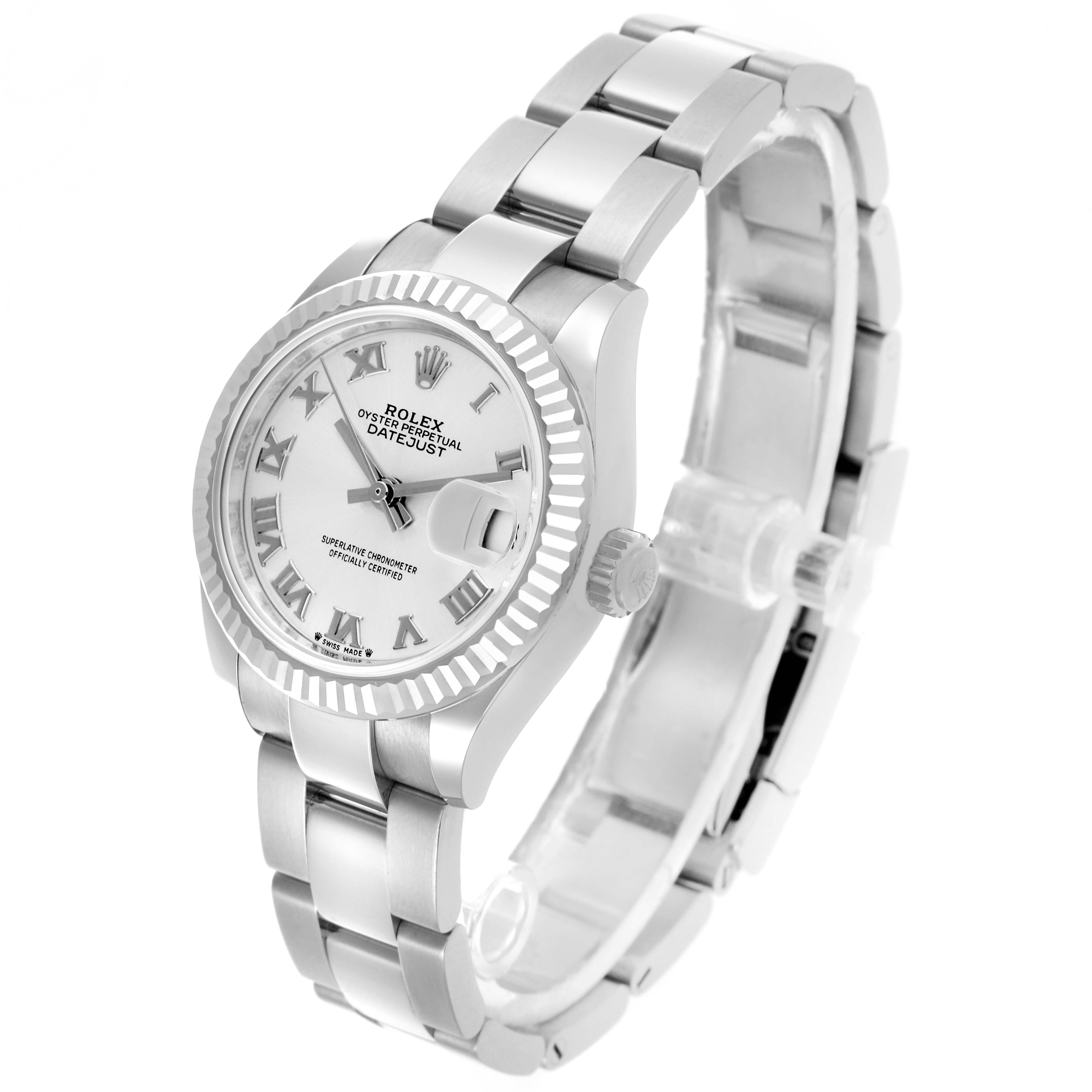 The Rolex Datejust 279174 Women's Stainless Steel Silver Dial 279174 Women's Stainless Steel Silver Dial watch is shown from an angled view, highlighting the dial, bezel, crown, and part of the bracelet.