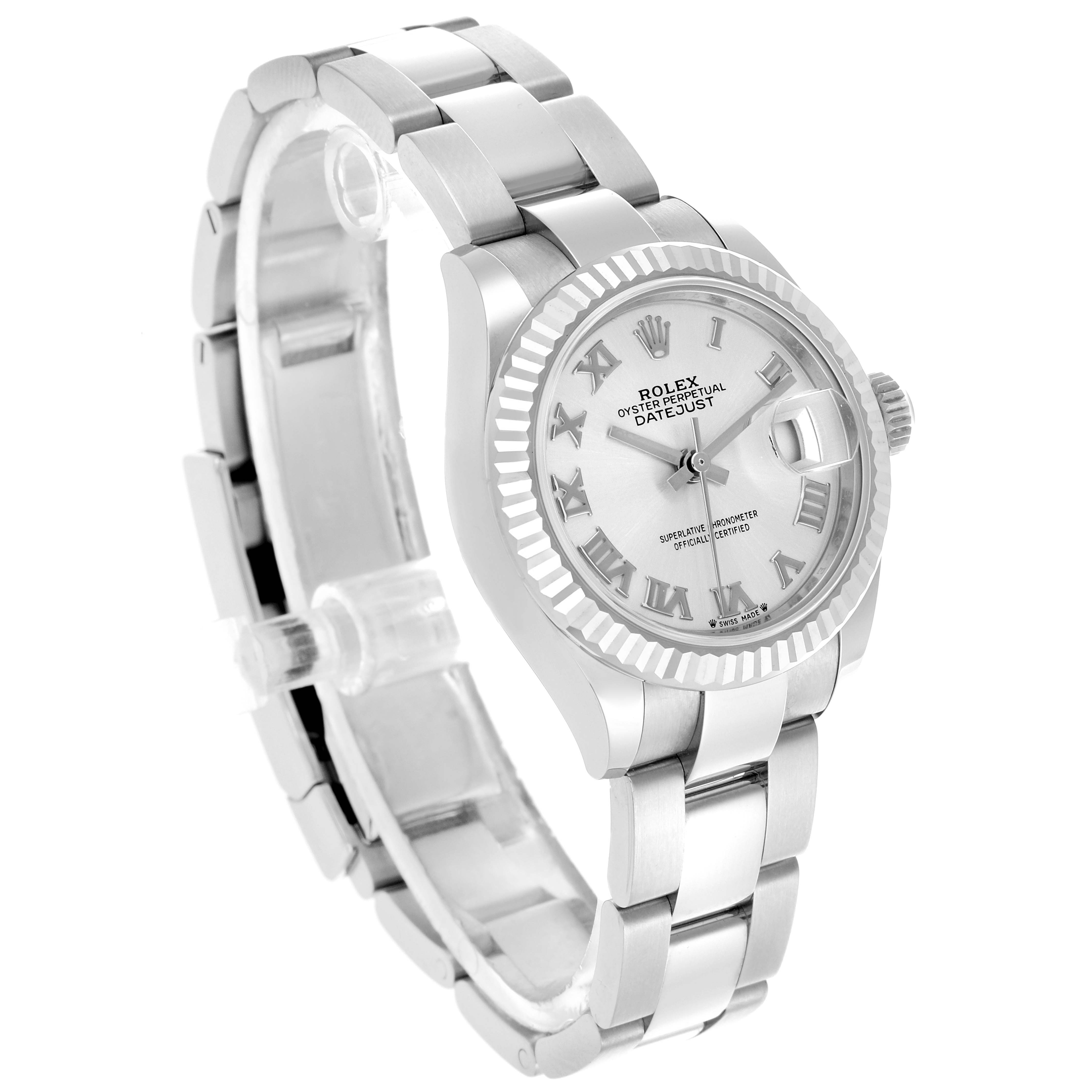 The Rolex Datejust 279174 Women's Stainless Steel Silver Dial 279174 Women's Stainless Steel Silver Dial is shown at a slight angle, displaying the face, bezel, and part of the bracelet.
