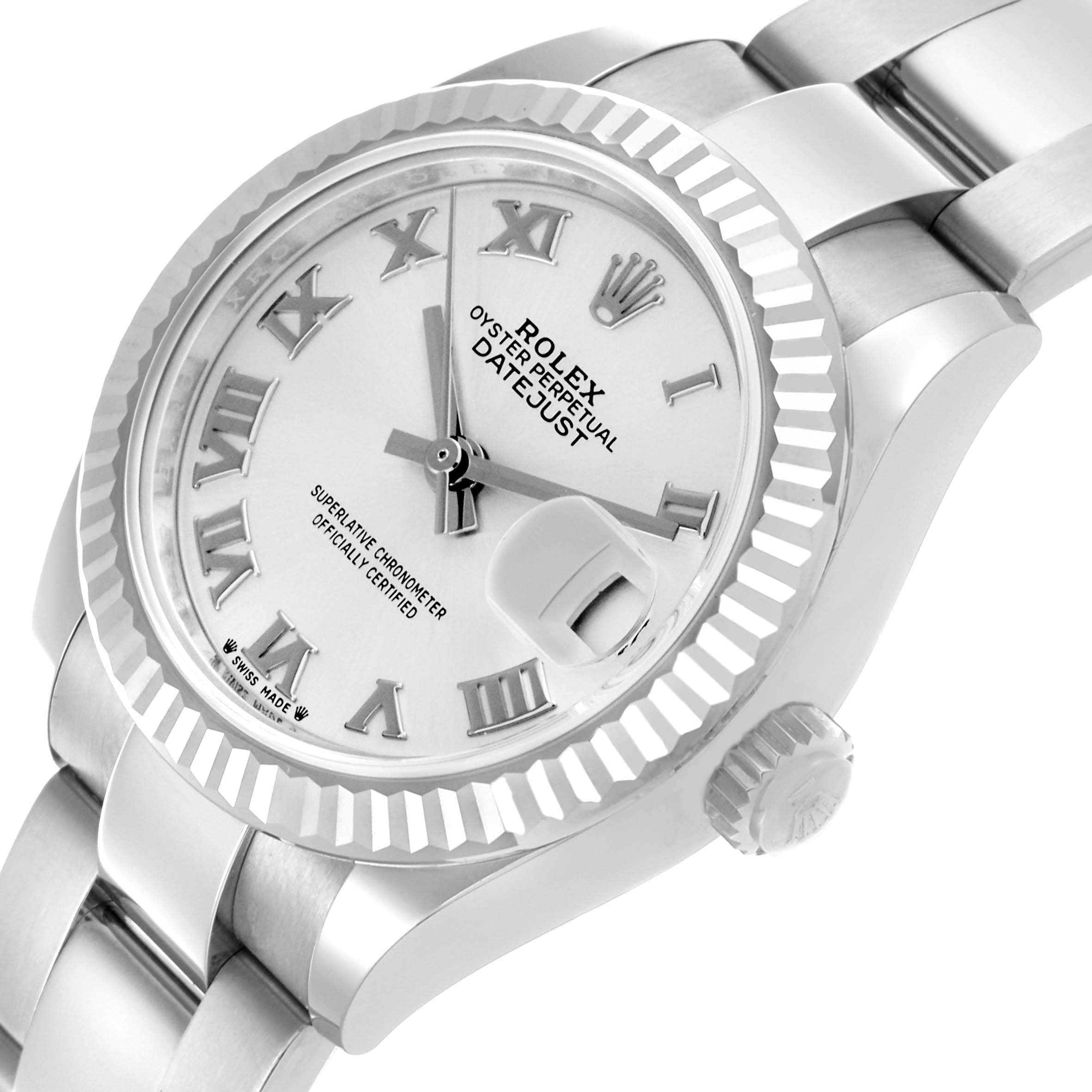 The Rolex Datejust 279174 Women's Stainless Steel Silver Dial 279174 Women's Stainless Steel Silver Dial watch is shown at an angle highlighting the face, bezel, and bracelet.