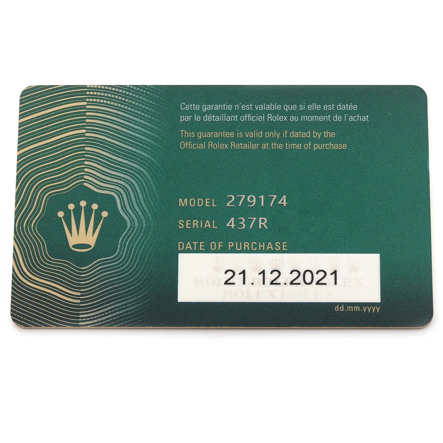 This image shows a warranty card for a Rolex Datejust 279174 Women's Stainless Steel Silver Dial 279174 Women's Stainless Steel Silver Dial, displaying model and serial numbers.