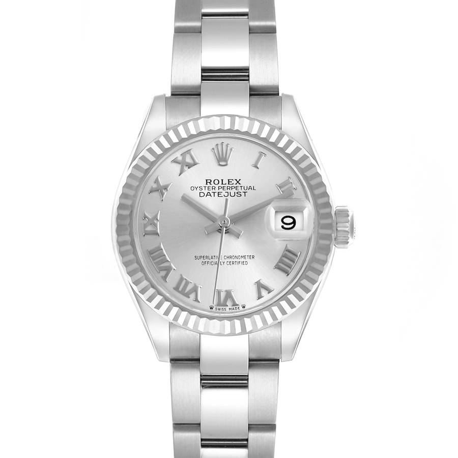 The Rolex Datejust watch is shown from a front angle, displaying the dial, bezel, hands, and bracelet.