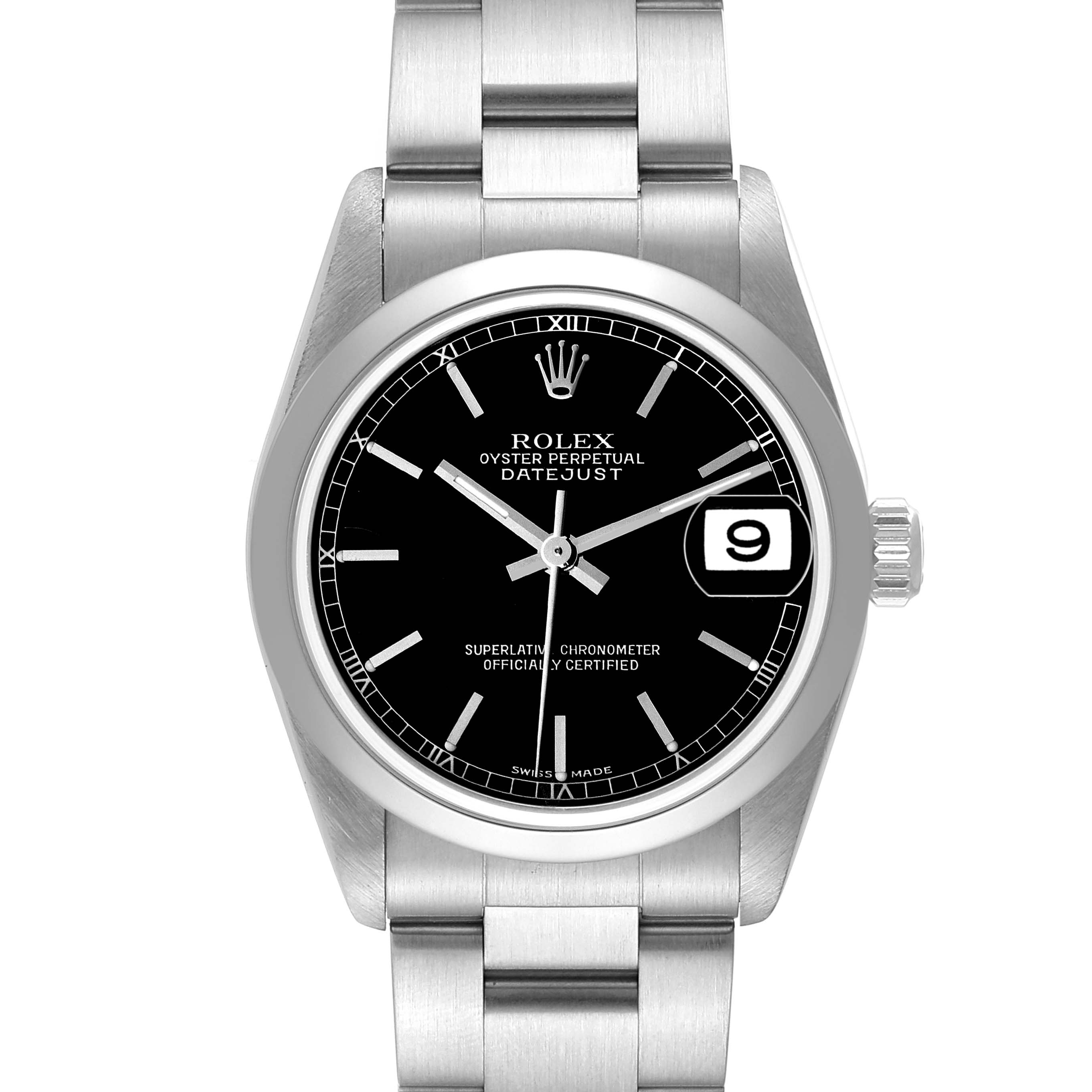 This Rolex Oyster Perpetual Datejust Mid-Size model is shown from the front, displaying its face, bezel, bracelet, and crown.