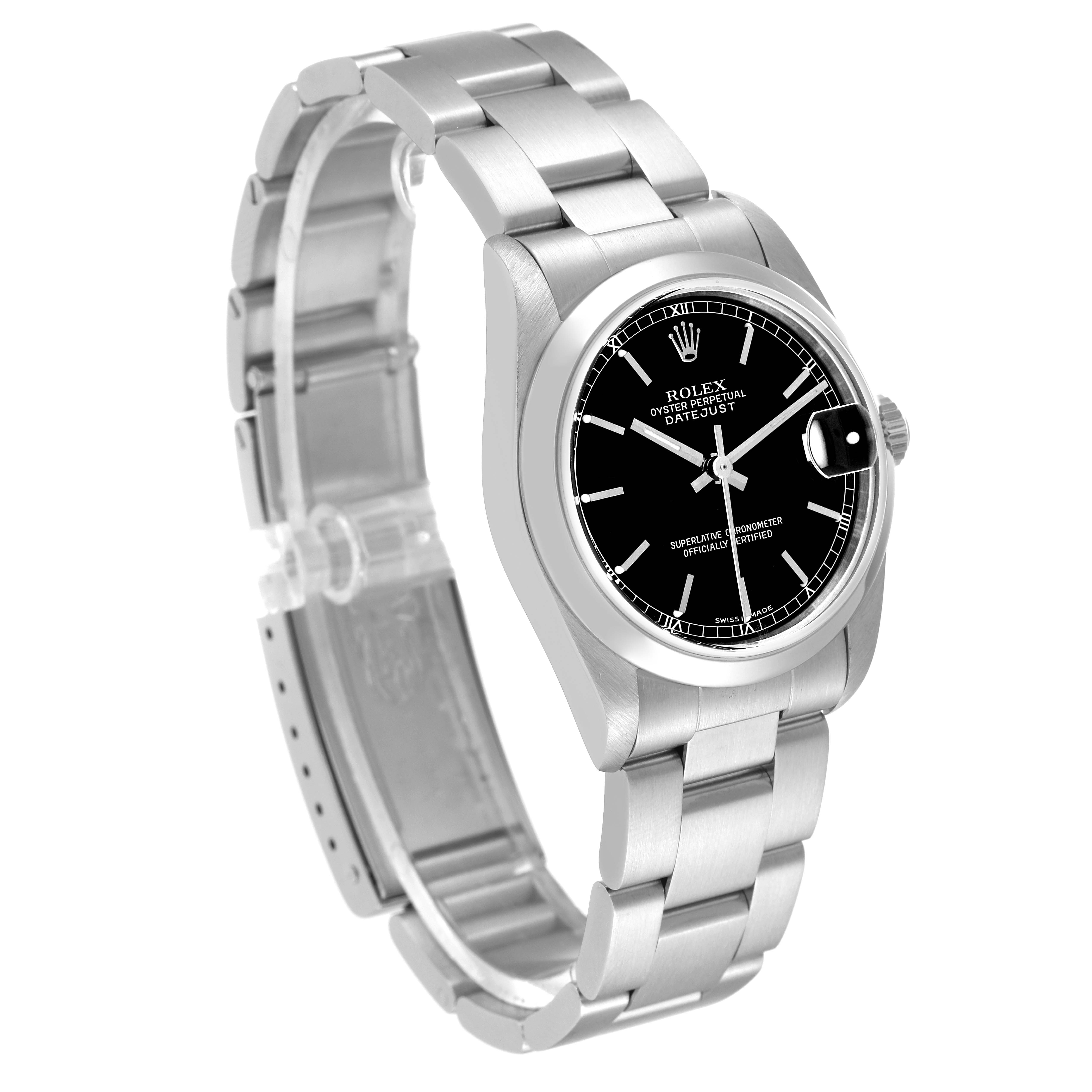 The image shows a side and slight top angle of a Rolex Mid-Size 78240 Women
s Stainless Steel Black Dial 78240 Women
s Stainless Steel Black Dial Datejust watch featuring its bracelet and black dial.