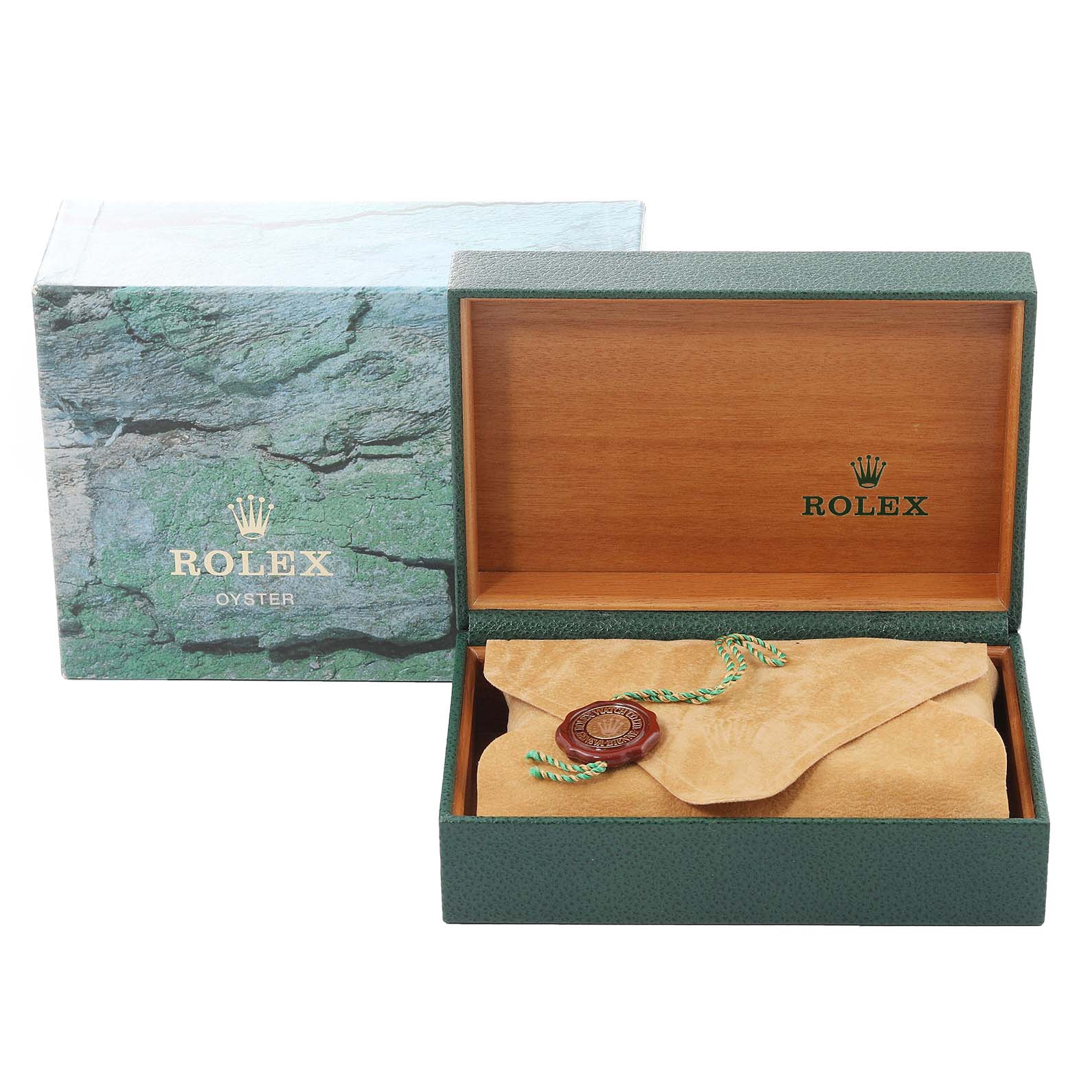 The image shows an open Rolex Datejust 16234 Men's Stainless Steel Silver Dial 16234 Men's Stainless Steel Silver Dial watch box with a seal and protective cover inside, along with the exterior box.