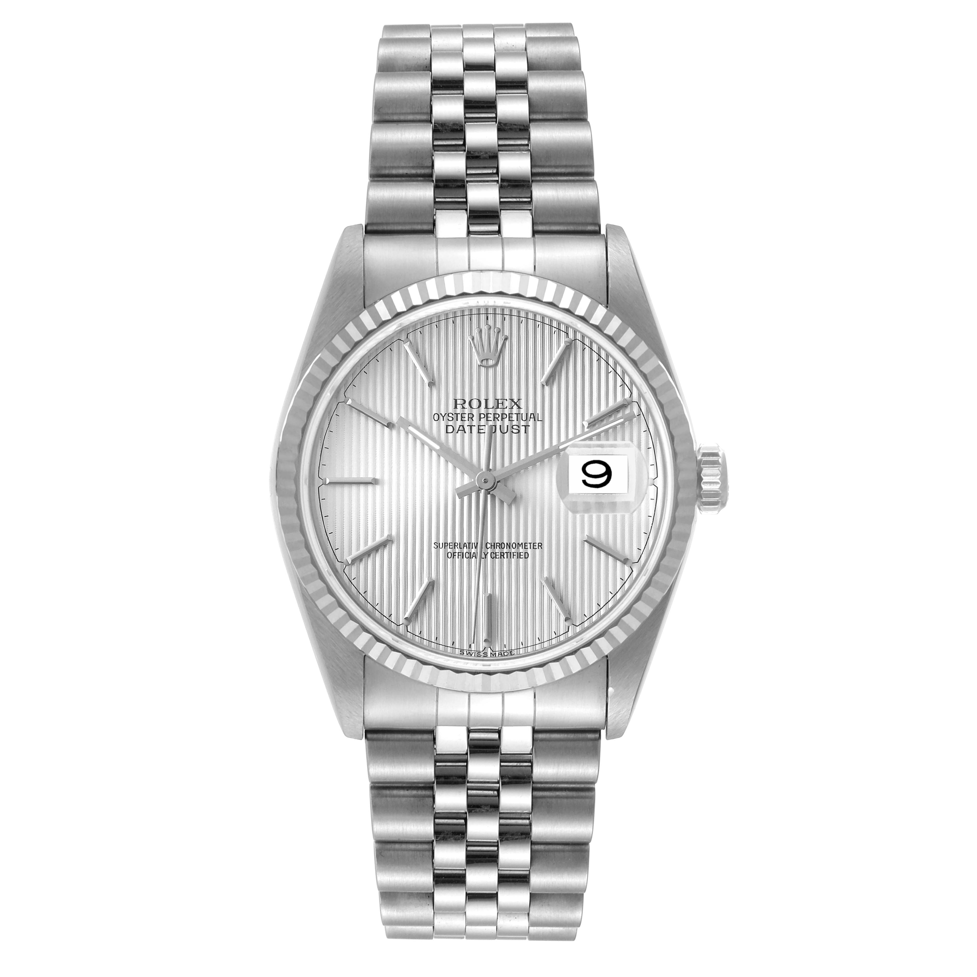 The image shows a front view of a Rolex Datejust 16234 Men's Stainless Steel Silver Dial 16234 Men's Stainless Steel Silver Dial watch, highlighting its silver dial, bezel, and Jubilee bracelet.
