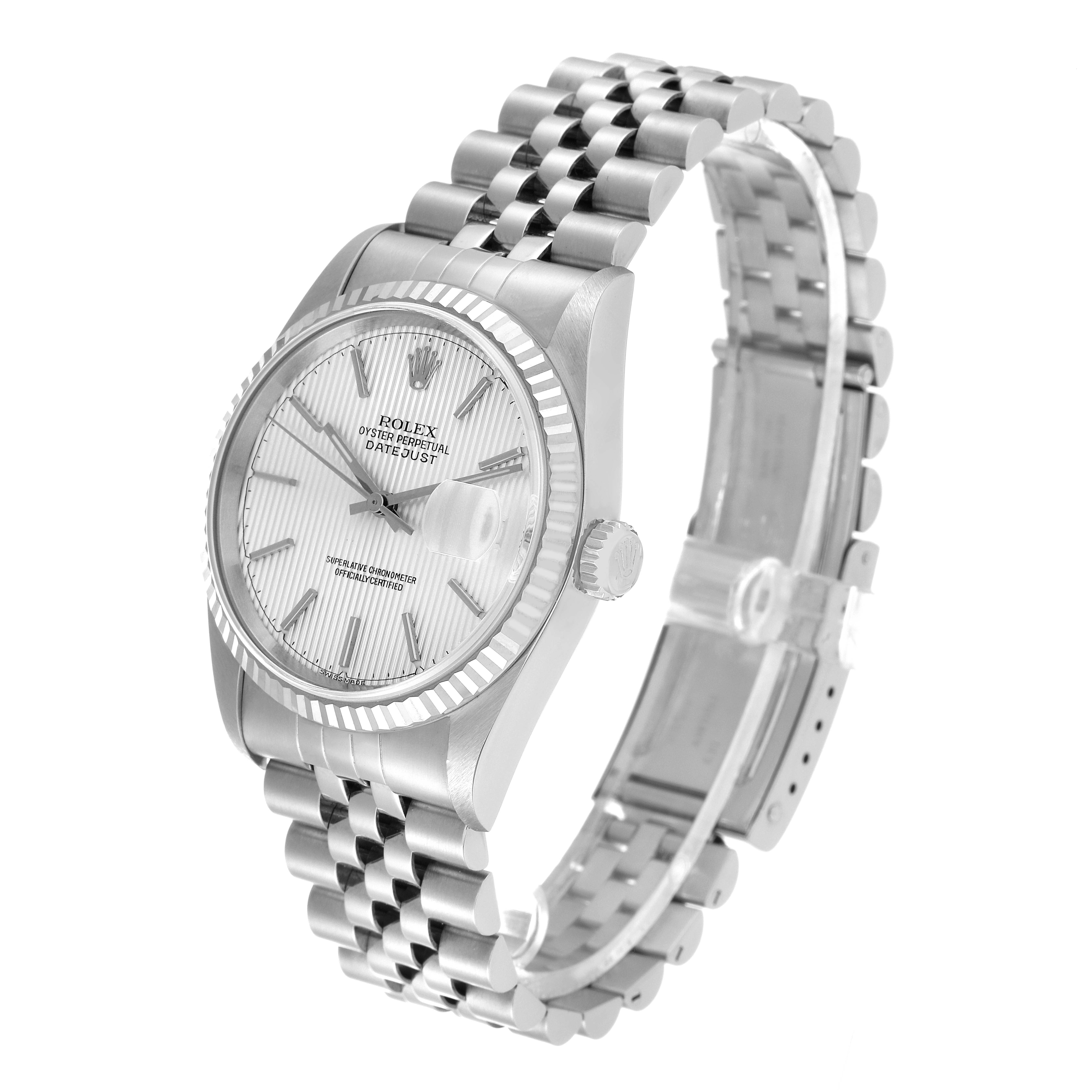 The image shows a Rolex Datejust 16234 Men's Stainless Steel Silver Dial 16234 Men's Stainless Steel Silver Dial watch from a front-side angle, highlighting the dial, bezel, and bracelet.