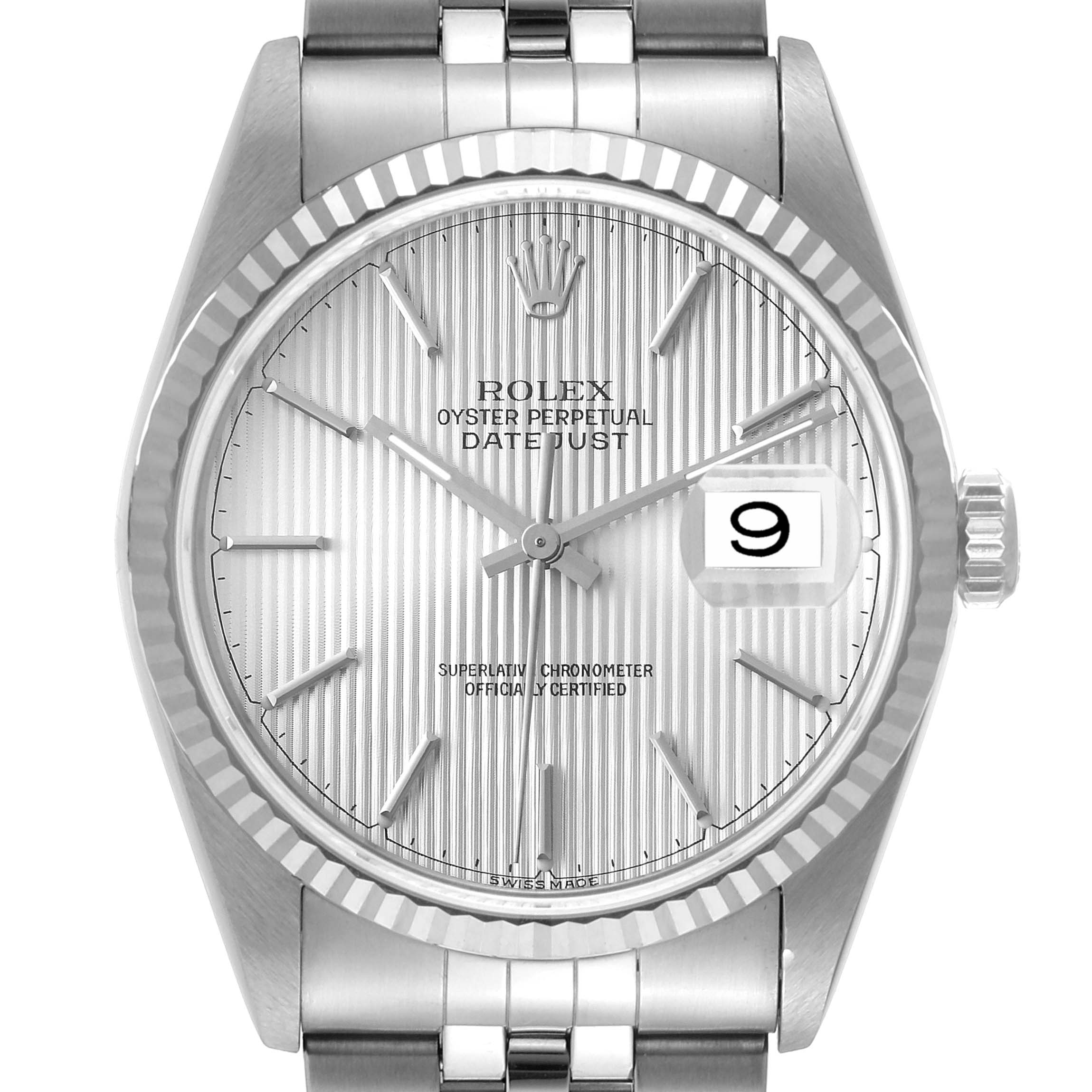 This image shows a front view of the Rolex Datejust 16234 Men's Stainless Steel Silver Dial 16234 Men's Stainless Steel Silver Dial watch, highlighting the dial, hands, crown, and fluted bezel.