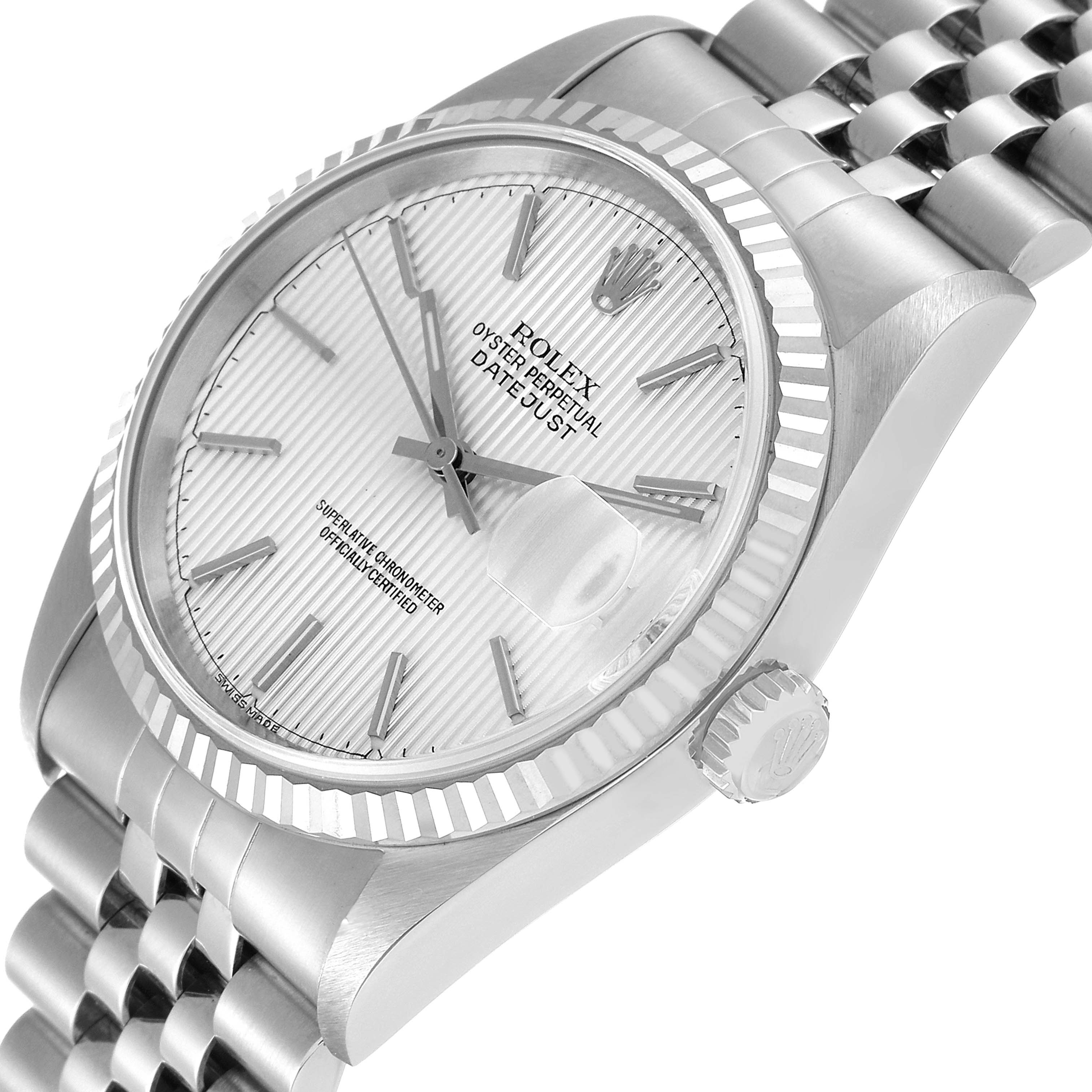The image shows a side and angled view of the Rolex Datejust 16234 Men's Stainless Steel Silver Dial 16234 Men's Stainless Steel Silver Dial watch, highlighting the face, bezel, crown, and part of the bracelet.