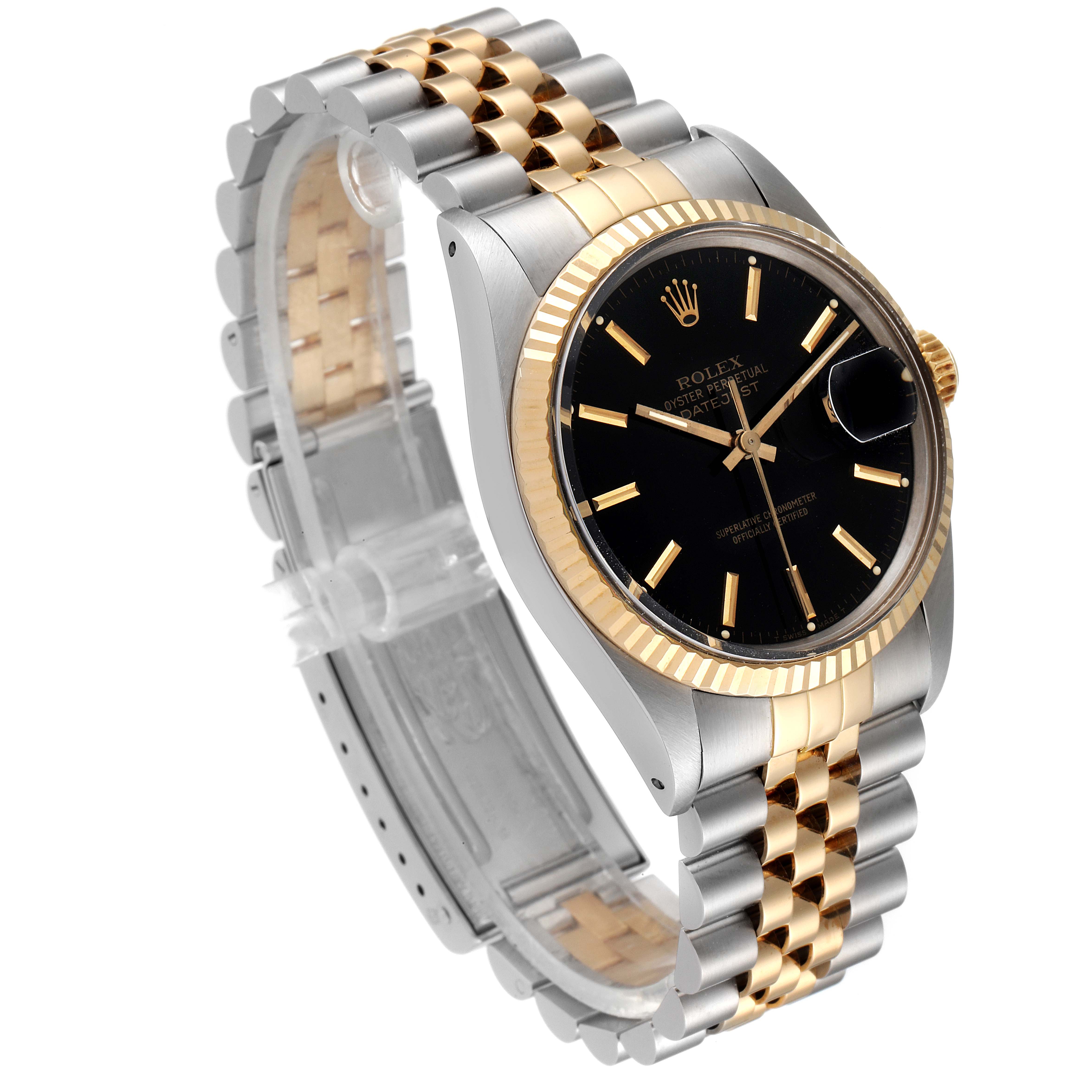The watch is a Rolex Vintage Collection 16013 Men
s Steel and Gold (two tone) Black Dial 16013 Men
s Steel and Gold (two tone) Black Dial model shown from a three-quarter angle, displaying its face, bezel, and bracelet.