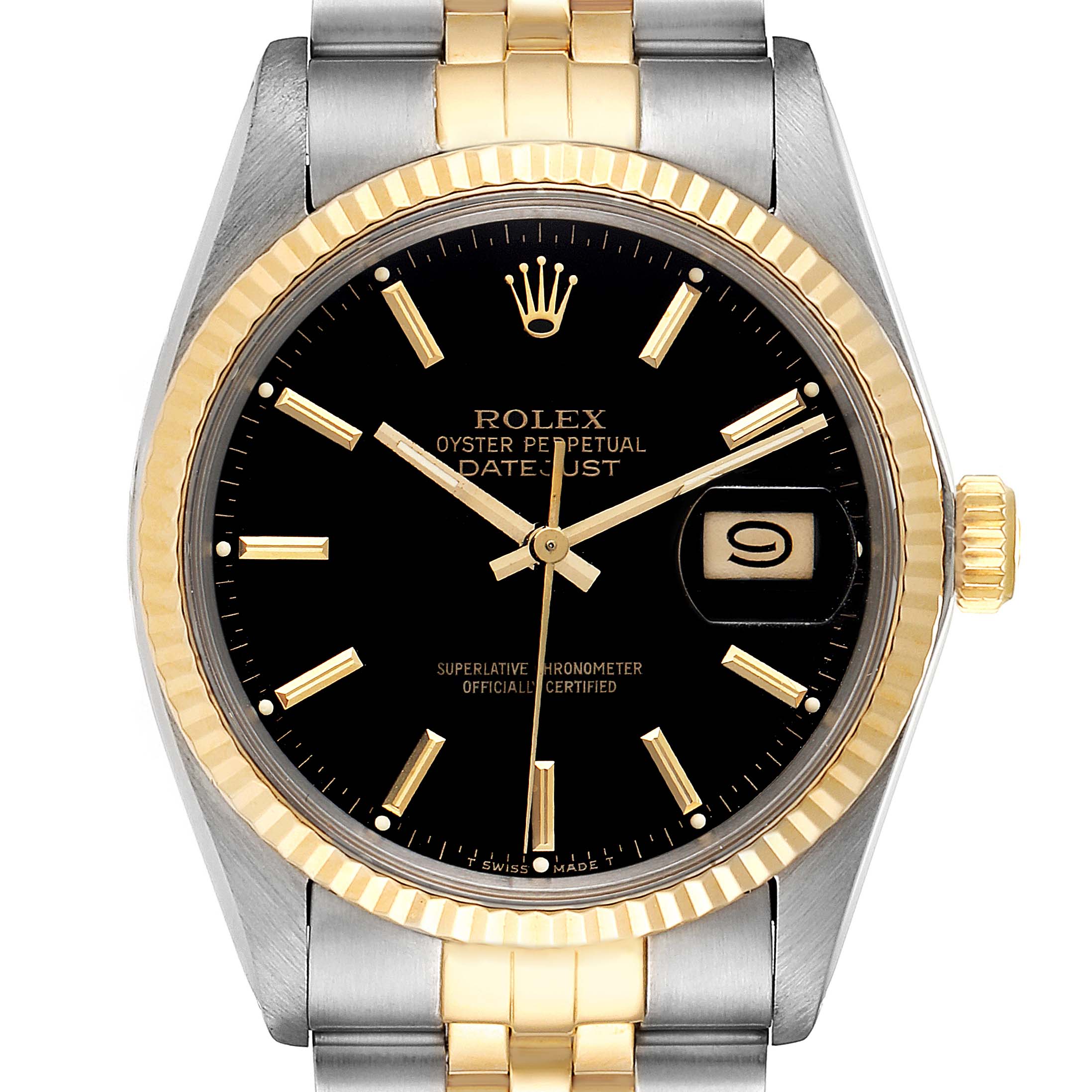 The image shows a front view of the Rolex Vintage Collection 16013 Men
s Steel and Gold (two tone) Black Dial 16013 Men
s Steel and Gold (two tone) Black Dial Datejust watch, featuring a black dial, gold markers, and a date display.