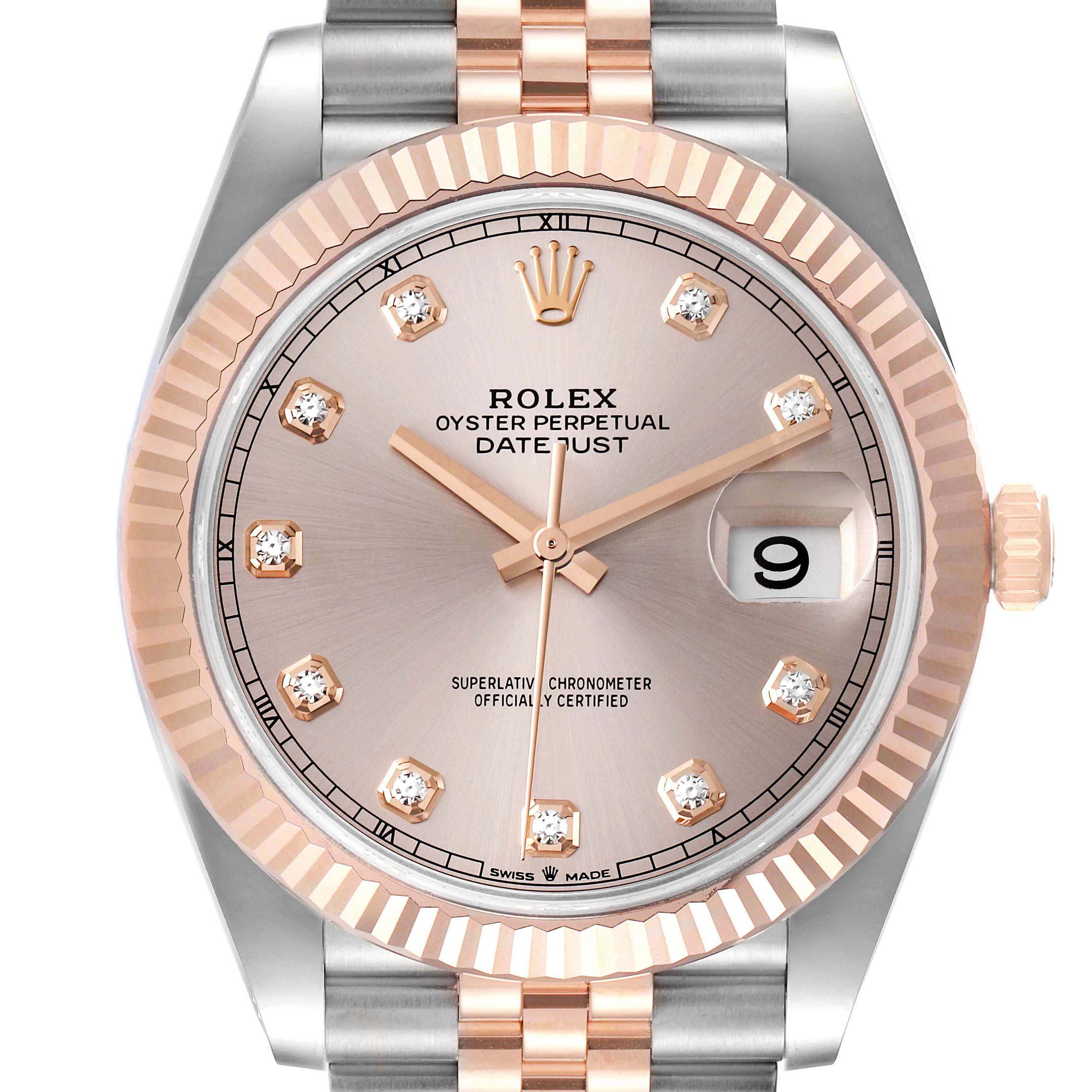 The image shows a close-up of the Rolex Datejust 41 126331 Men's Steel and Gold (two tone) Beige Dial 126331 Men's Steel and Gold (two tone) Beige Dial watch face and bezel, highlighting the hour markers, hands, and date window.