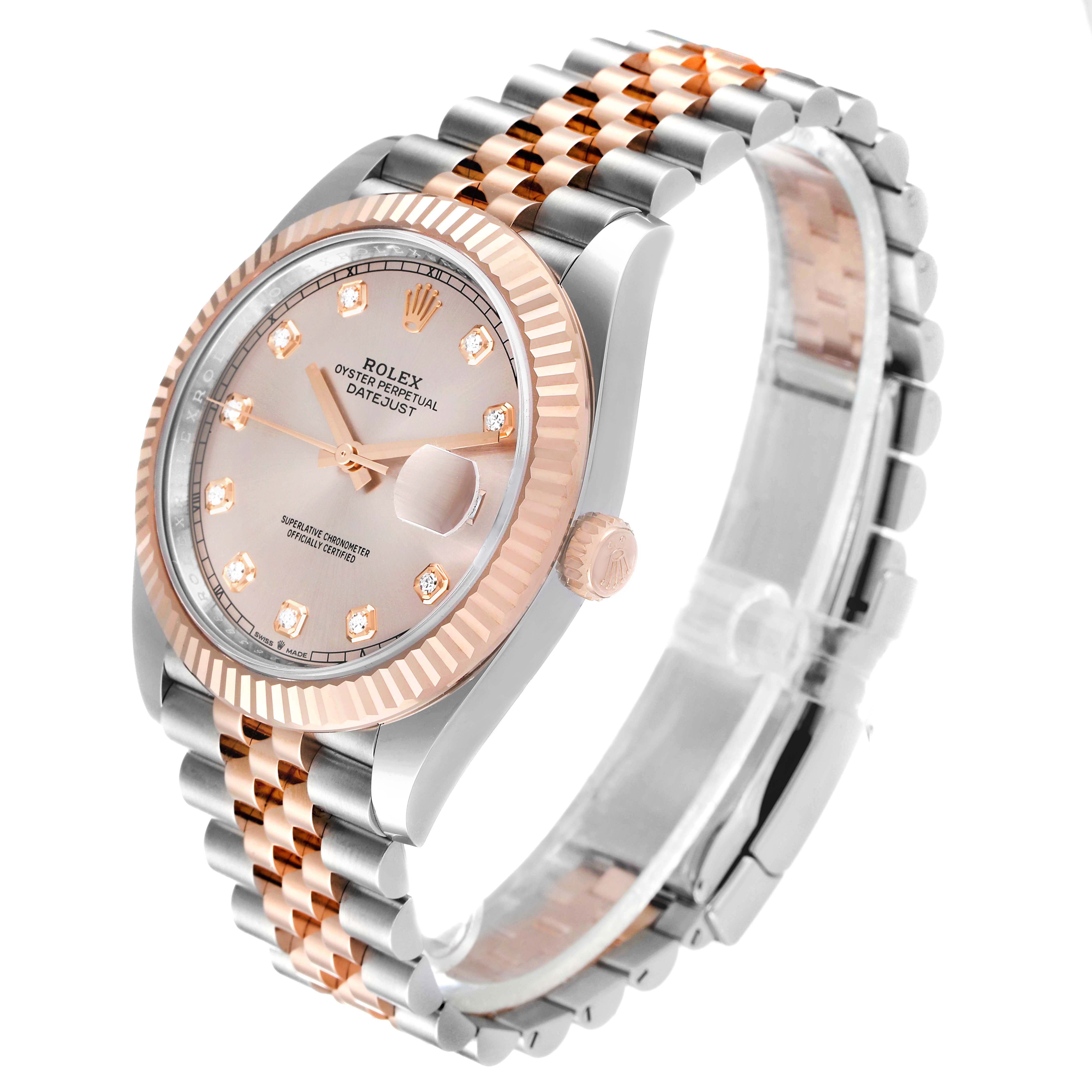 The image shows a Rolex Datejust 41 126331 Men's Steel and Gold (two tone) Beige Dial 126331 Men's Steel and Gold (two tone) Beige Dial watch with a partial side view, focusing on its dial, bracelet, and crown.