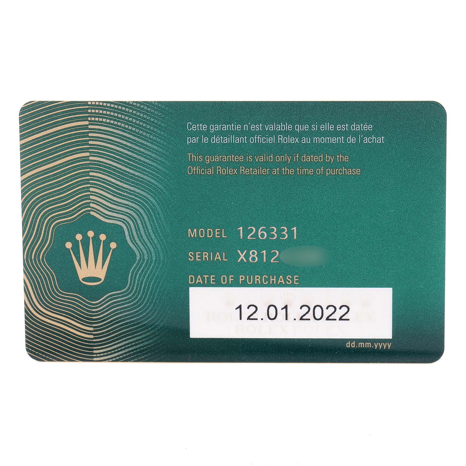 This is a warranty card for the Rolex Datejust 41 126331 Men's Steel and Gold (two tone) Beige Dial 126331 Men's Steel and Gold (two tone) Beige Dial model.