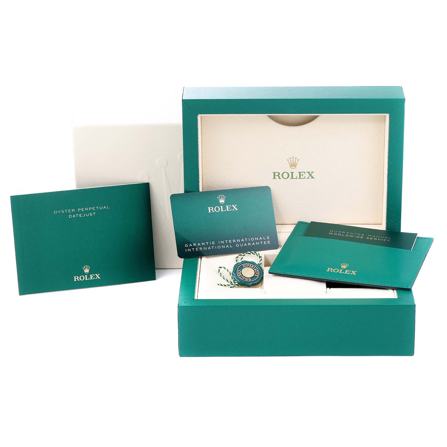 The image shows the packaging, warranty cards, and booklet accessories for the Rolex Datejust 41 126331 Men's Steel and Gold (two tone) Beige Dial 126331 Men's Steel and Gold (two tone) Beige Dial watch.