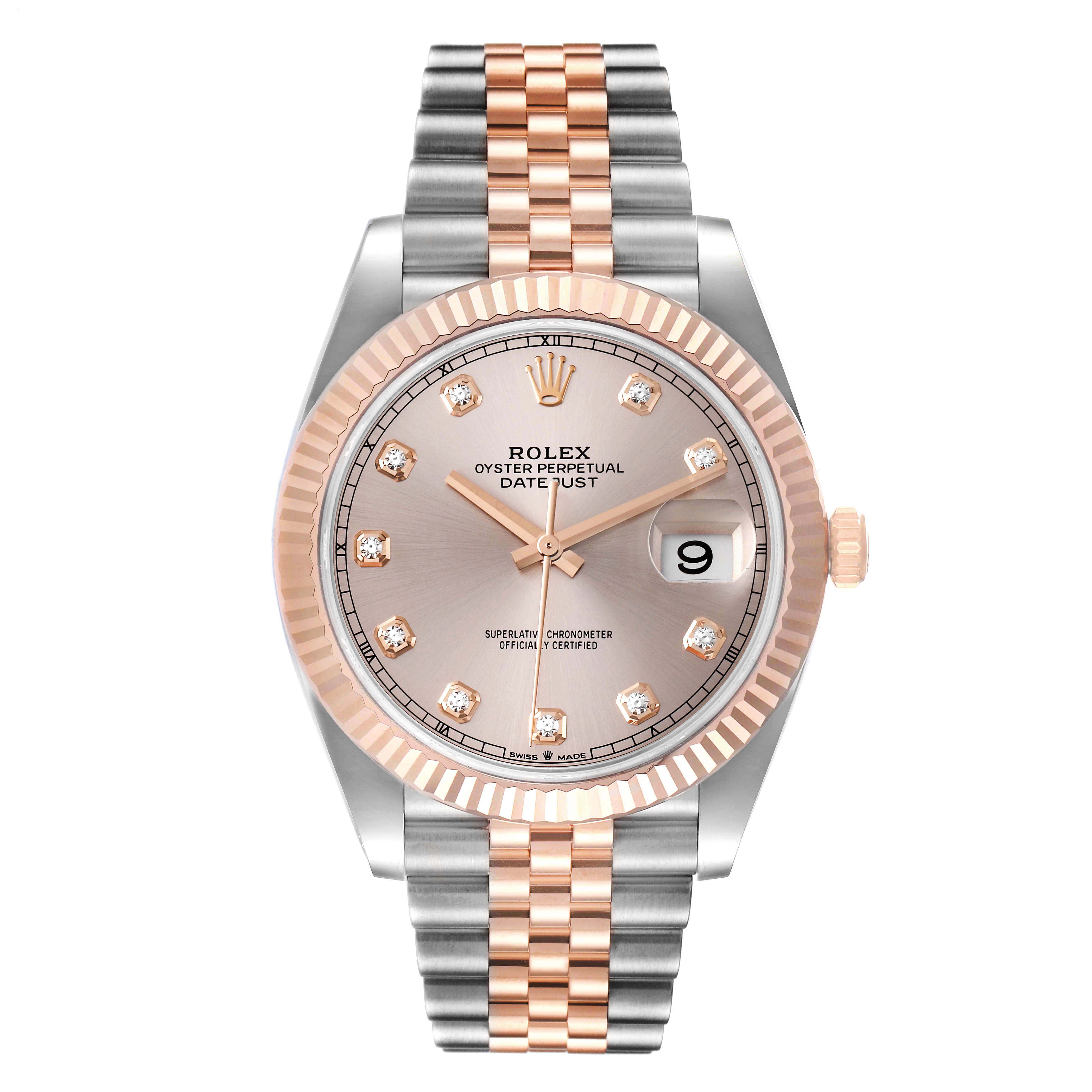 The image shows a front view of the Rolex Datejust 41 126331 Men's Steel and Gold (two tone) Beige Dial 126331 Men's Steel and Gold (two tone) Beige Dial watch, featuring a fluted bezel, diamond hour markers, and a two-tone bracelet.