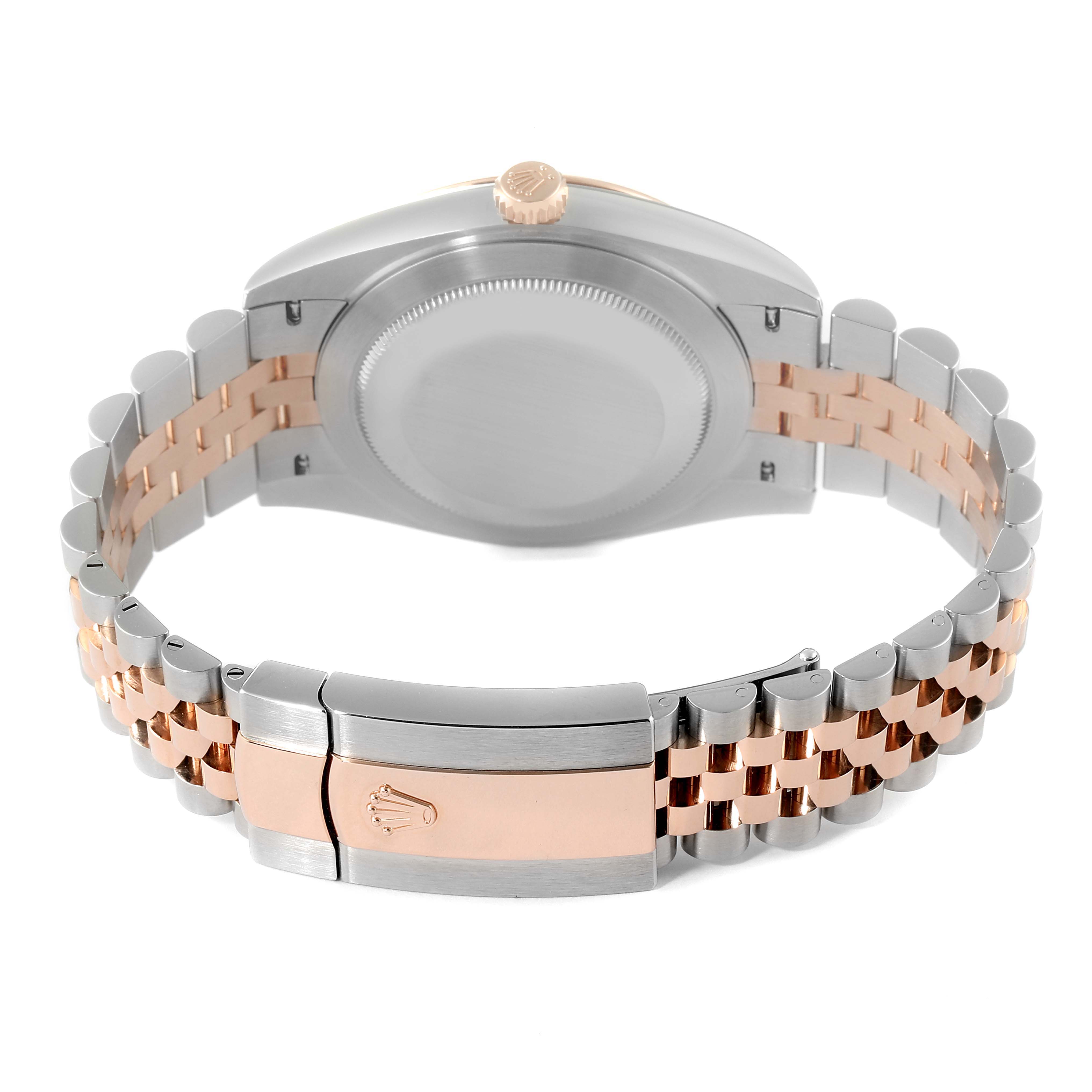 The image shows the back view of a Rolex Datejust 41 126331 Men's Steel and Gold (two tone) Beige Dial 126331 Men's Steel and Gold (two tone) Beige Dial, highlighting the case, crown, and two-tone Jubilee bracelet with the clasp.