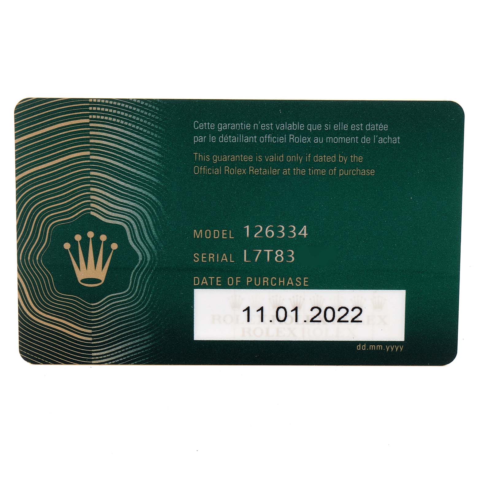 This image shows a warranty card for a Rolex Datejust 41 126334 Men
s Stainless Steel White Dial 126334 Men
s Stainless Steel White Dial model with the model number 126334 and purchase date.