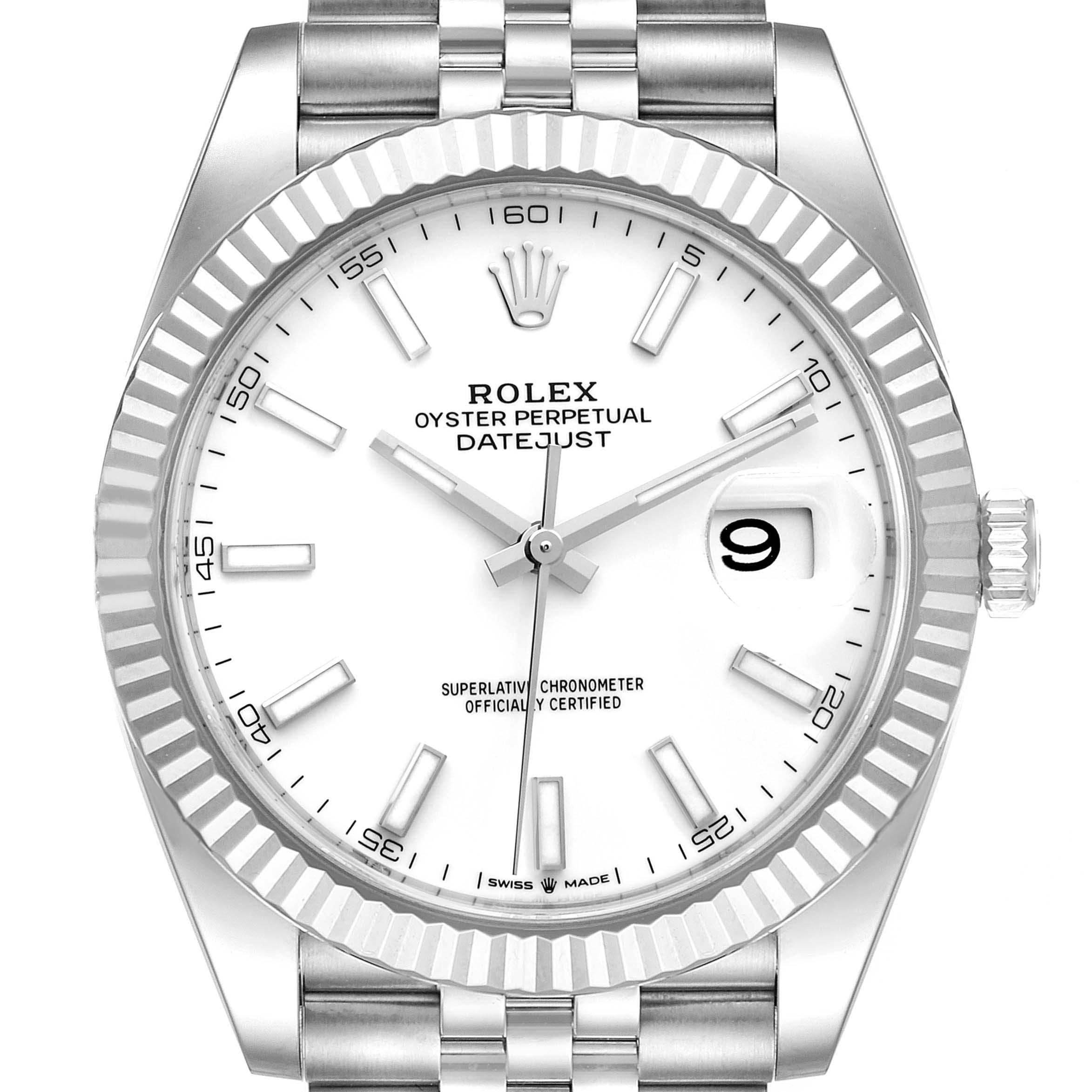 This image shows a front view of the Rolex Datejust 41 126334 Men
s Stainless Steel White Dial 126334 Men
s Stainless Steel White Dial watch, featuring its white dial, fluted bezel, and Jubilee bracelet.