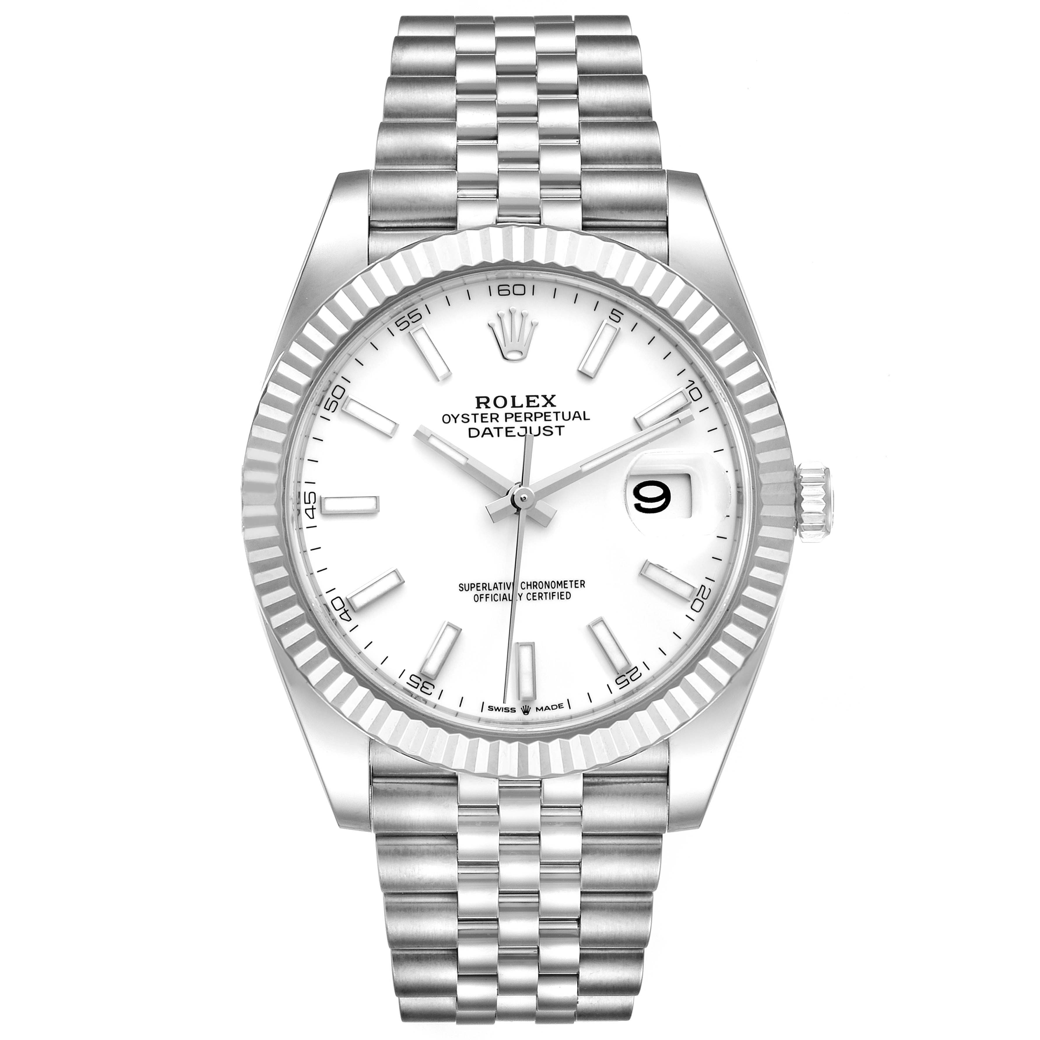 The image shows a front view of the Rolex Datejust 41 126334 Men
s Stainless Steel White Dial 126334 Men
s Stainless Steel White Dial model, displaying its dial, bracelet, hands, and date window.