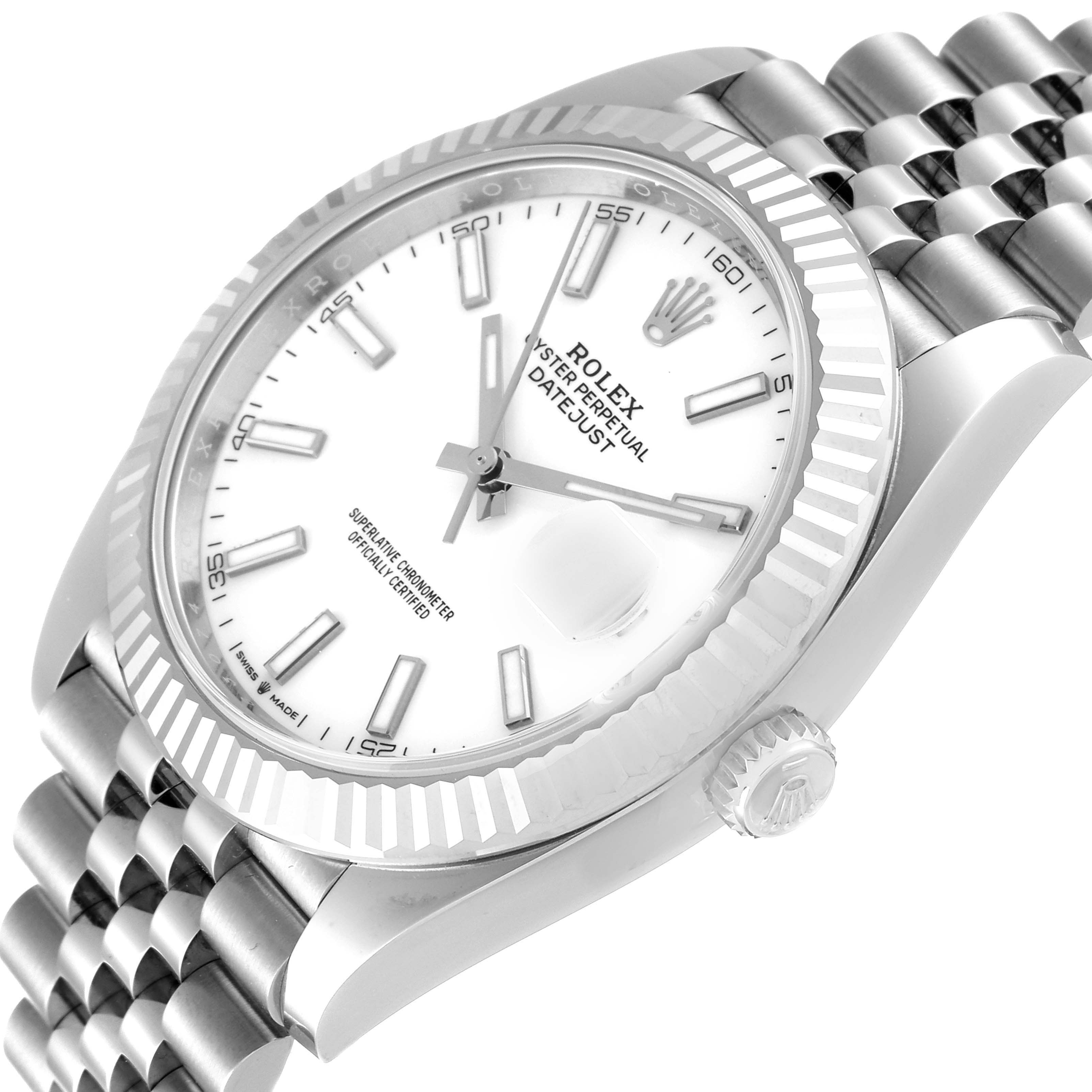 The image shows a Rolex Datejust 41 126334 Men
s Stainless Steel White Dial 126334 Men
s Stainless Steel White Dial watch from an angled side view, highlighting the dial, bezel, crown, and part of the bracelet.