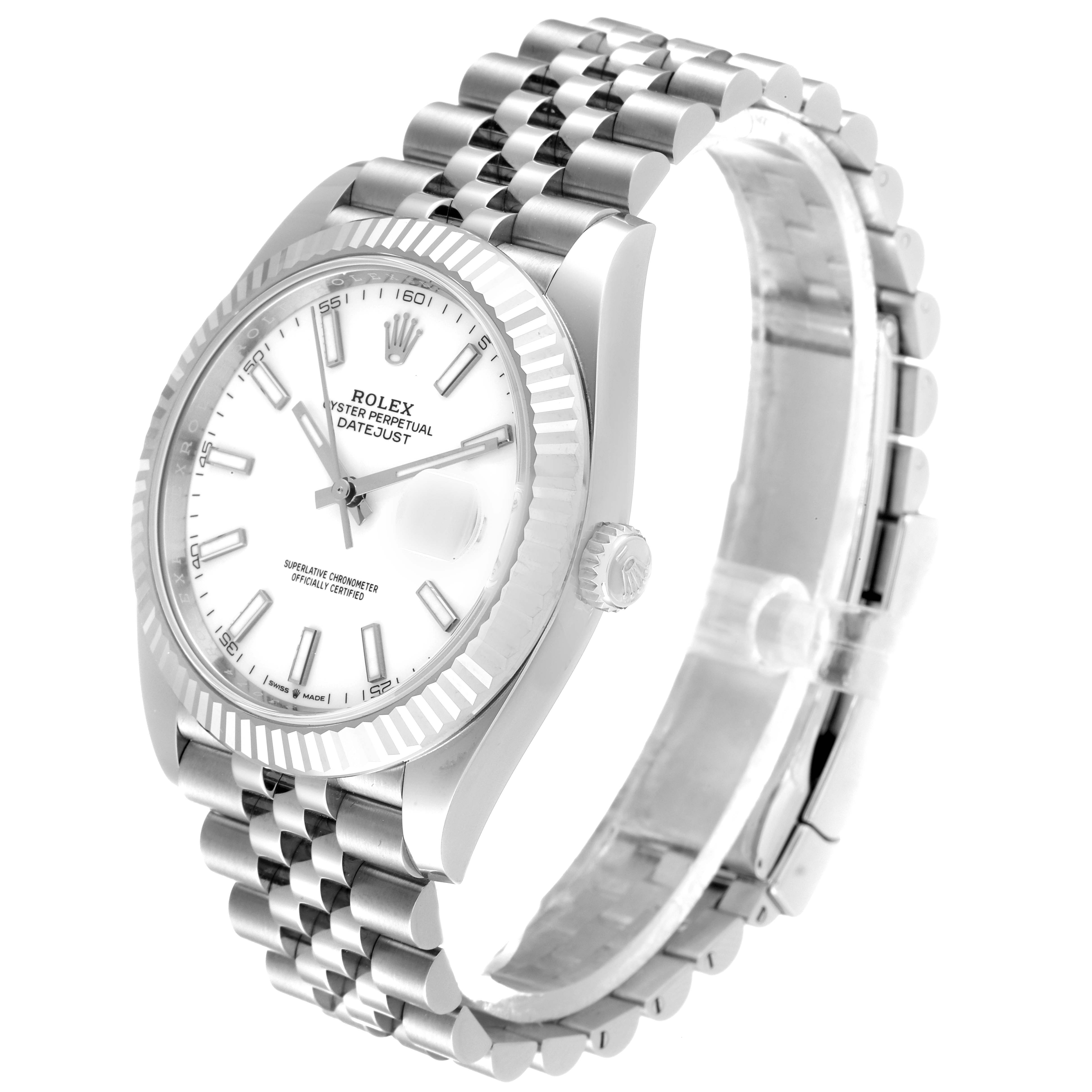 This image shows a Rolex Datejust 41 126334 Men
s Stainless Steel White Dial 126334 Men
s Stainless Steel White Dial model at a side-angle highlighting its dial, bezel, case, crown, and Jubilee bracelet.