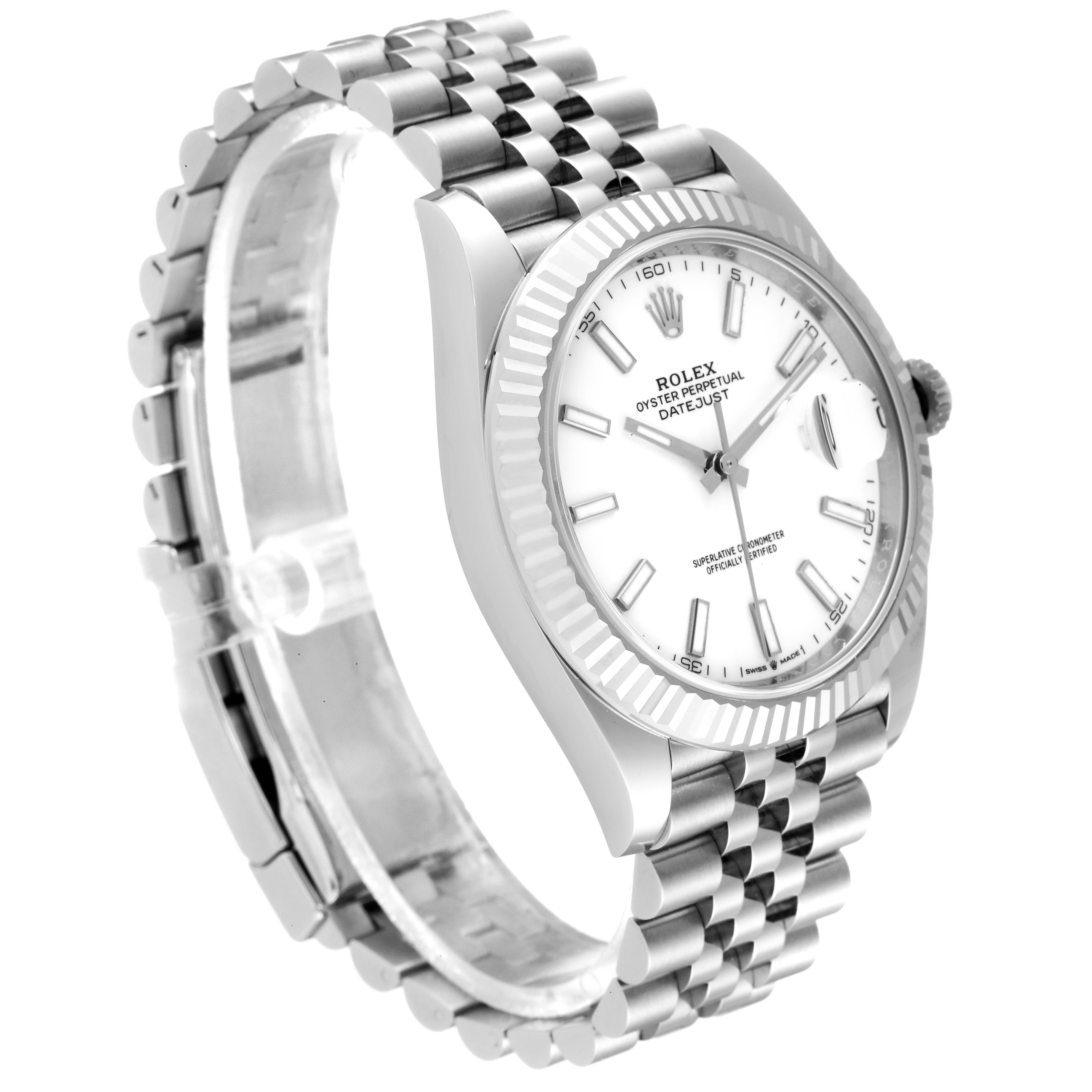 The image shows a Rolex Datejust 41 126334 Men
s Stainless Steel White Dial 126334 Men
s Stainless Steel White Dial watch at a three-quarter angle, highlighting the dial, bezel, and Jubilee bracelet.