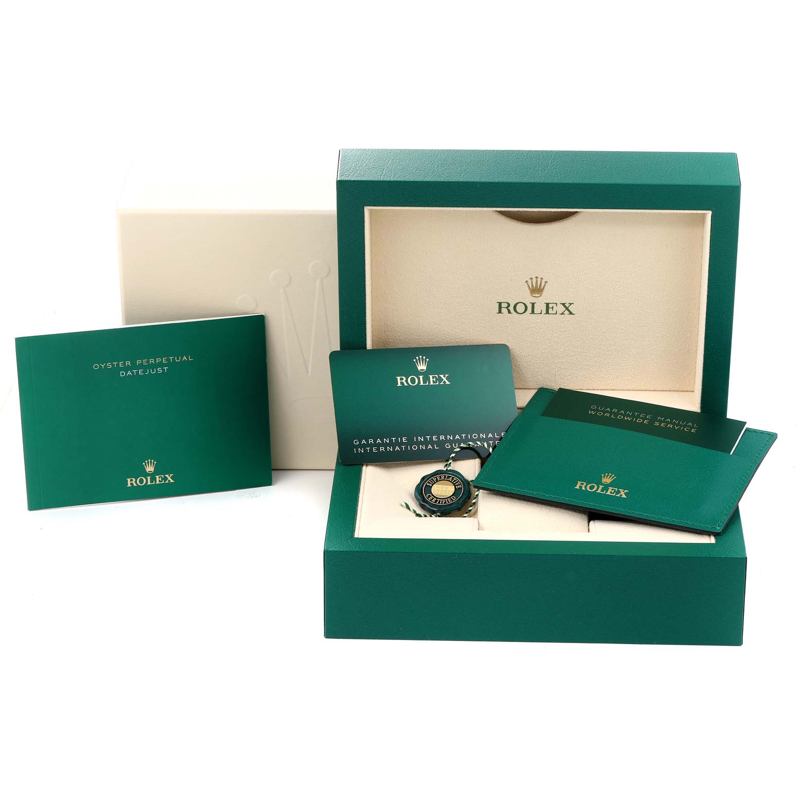The image shows the packaging, warranty cards, and manuals for a Rolex Datejust 41 126334 Men
s Stainless Steel White Dial 126334 Men
s Stainless Steel White Dial watch, viewed from the front.