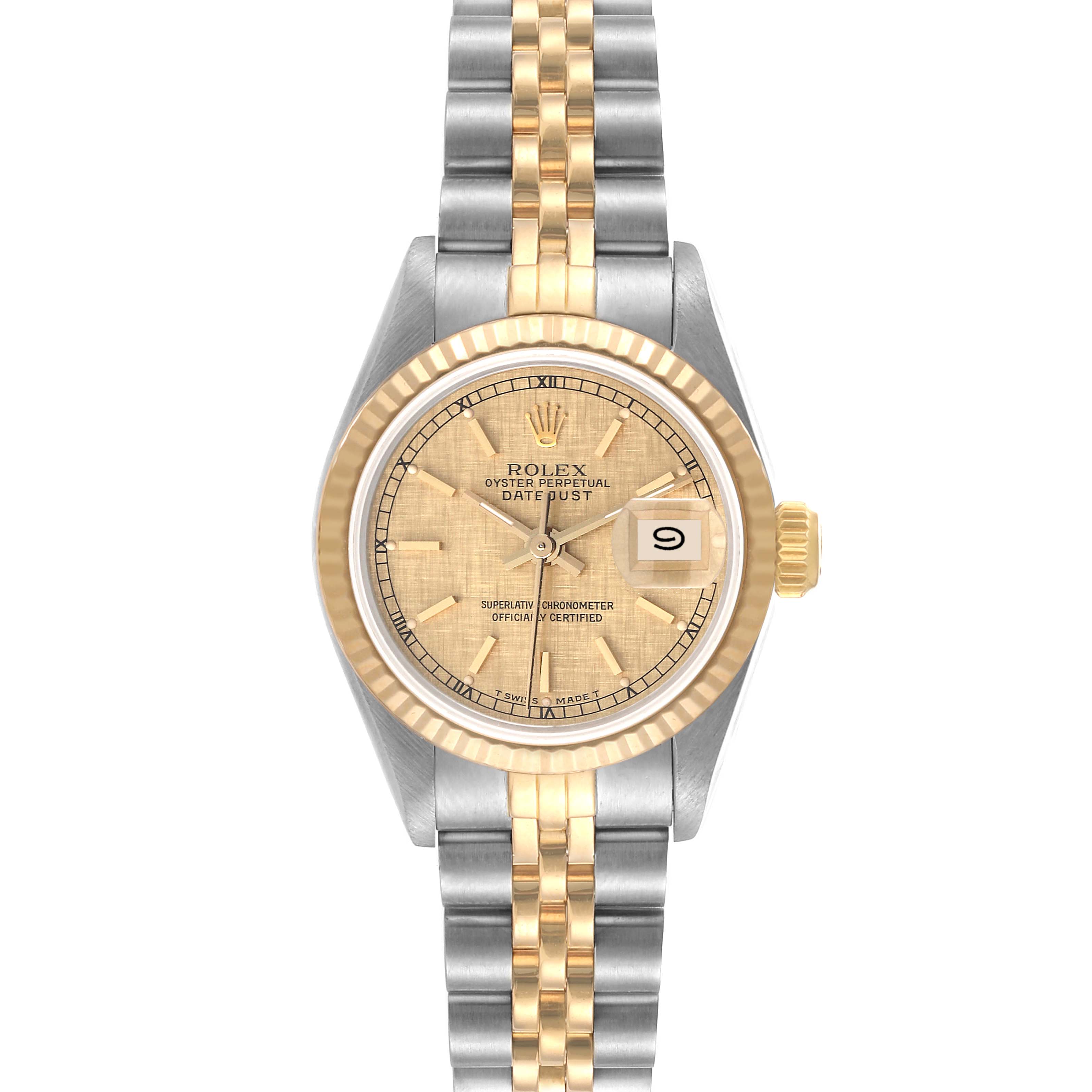 The image shows a Rolex Datejust 69173 Women's Steel and Gold (two tone) Champagne Dial 69173 Women's Steel and Gold (two tone) Champagne Dial watch from a front angle, highlighting the dial, bezel, and two-tone bracelet.