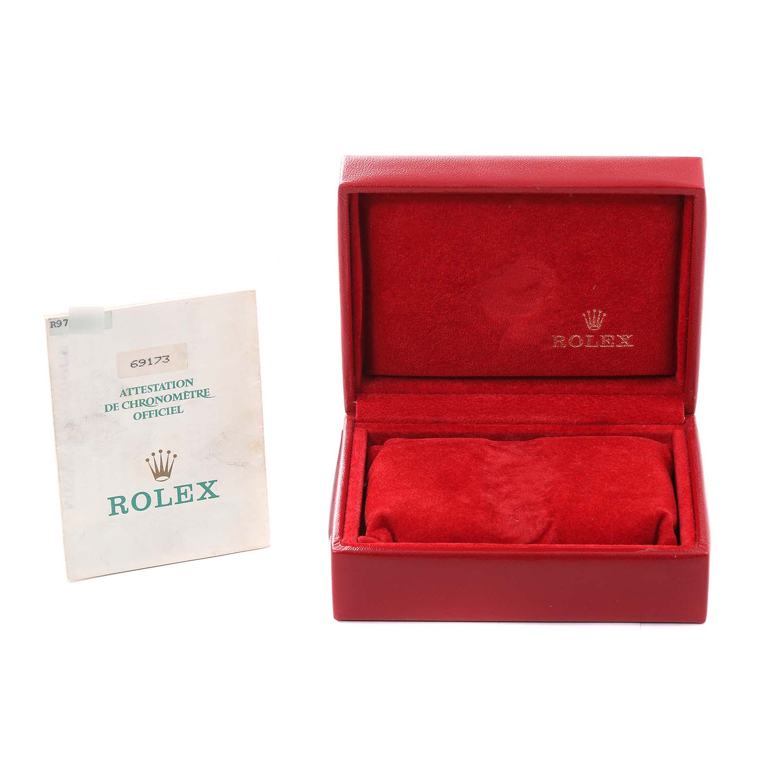 This image shows the open red case and certificate for a Rolex Datejust 69173 Women's Steel and Gold (two tone) Champagne Dial 69173 Women's Steel and Gold (two tone) Champagne Dial watch.