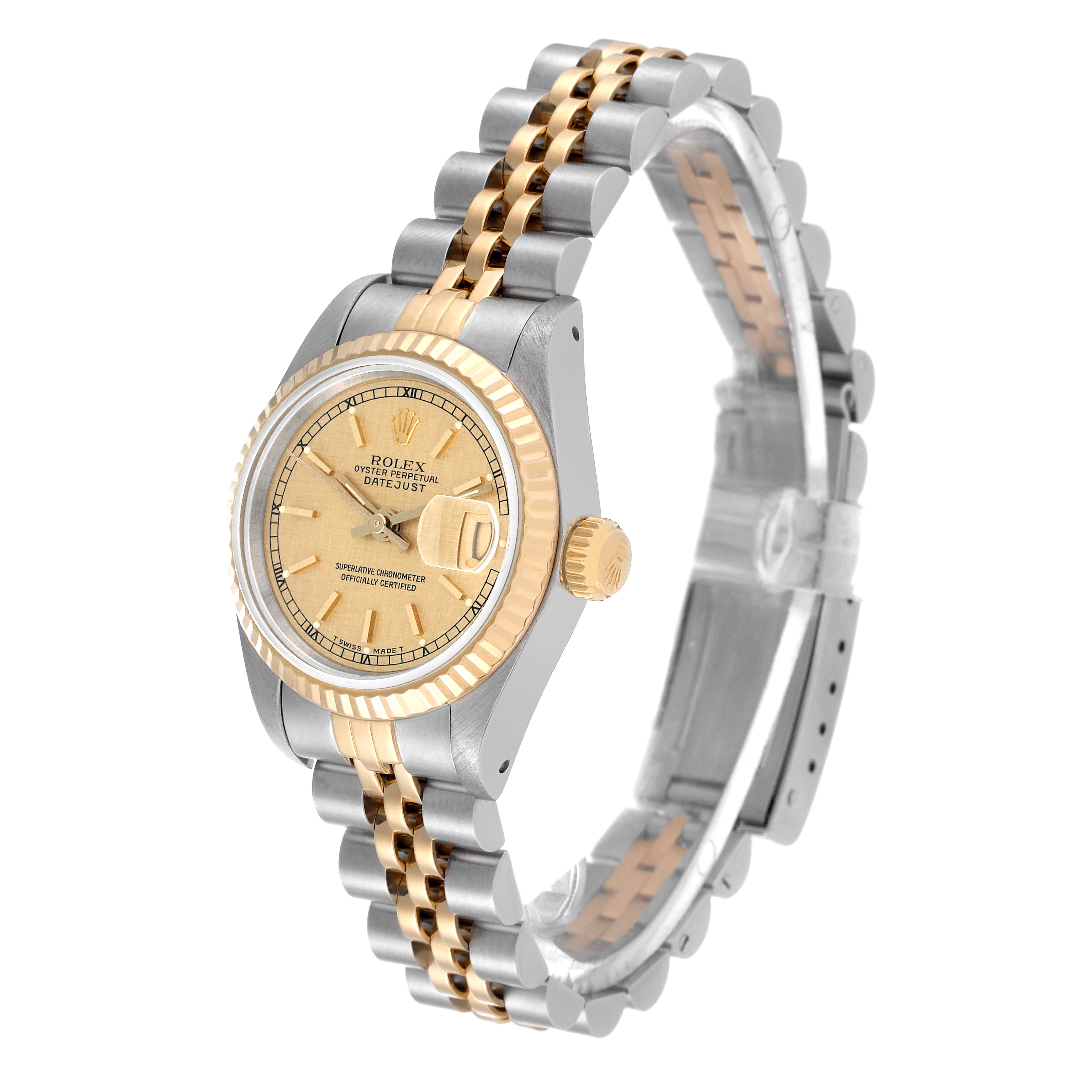 The image shows a Rolex Datejust 69173 Women's Steel and Gold (two tone) Champagne Dial 69173 Women's Steel and Gold (two tone) Champagne Dial watch from a three-quarter angle, highlighting the bracelet, bezel, and dial.
