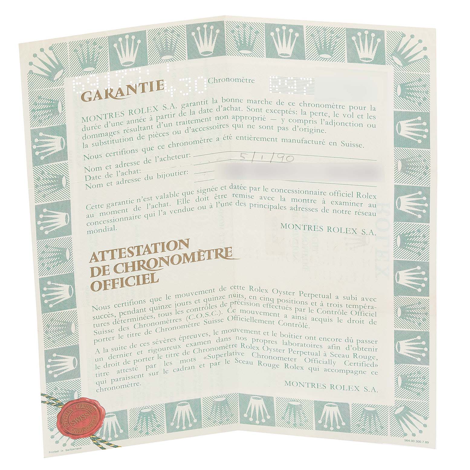 This image shows the warranty paper for the Rolex Datejust 69173 Women's Steel and Gold (two tone) Champagne Dial 69173 Women's Steel and Gold (two tone) Champagne Dial model, featuring official documentation and the Rolex logo.