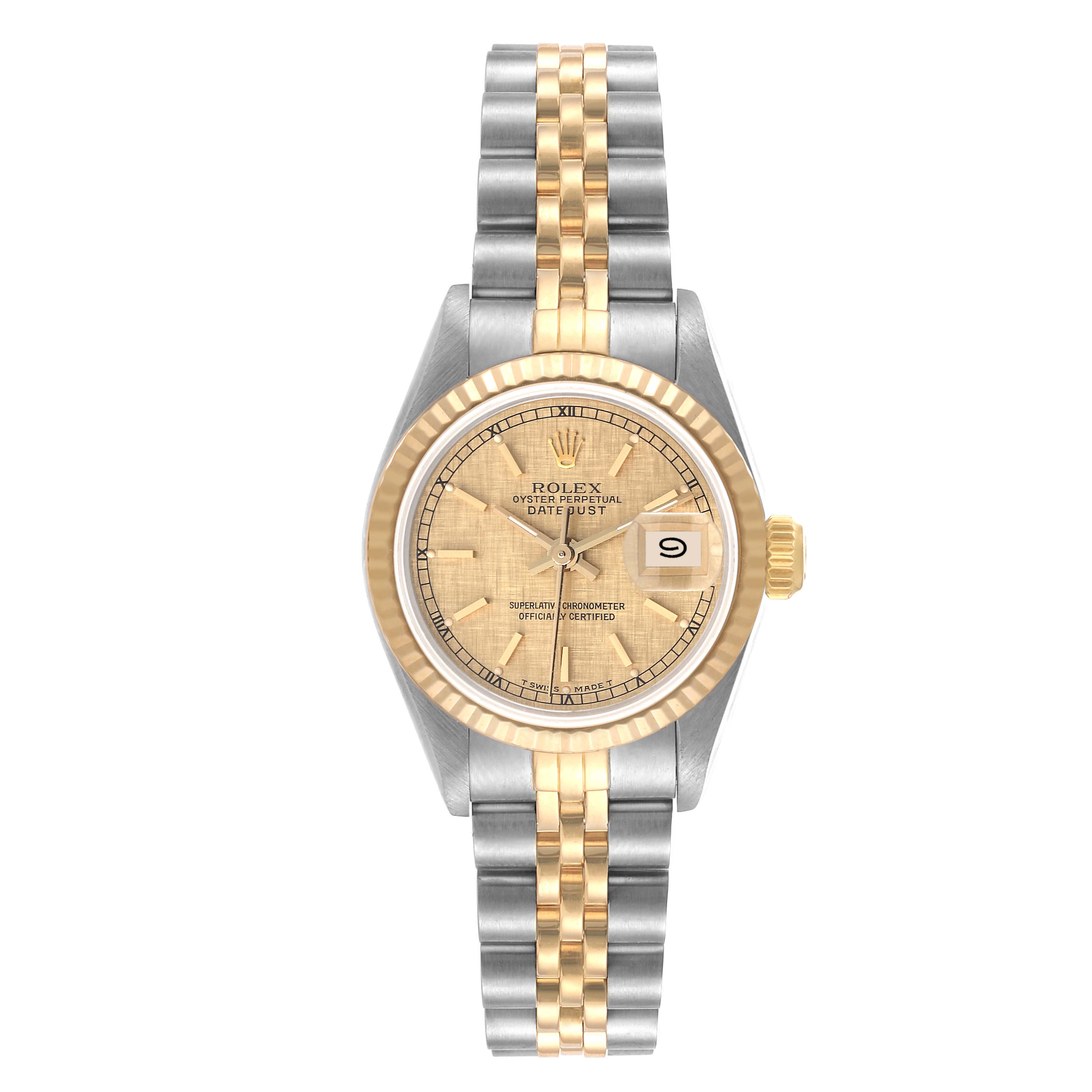 The image shows a Rolex Datejust 69173 Women's Steel and Gold (two tone) Champagne Dial 69173 Women's Steel and Gold (two tone) Champagne Dial watch from a front view, displaying its face, bezel, crown, and bracelet.