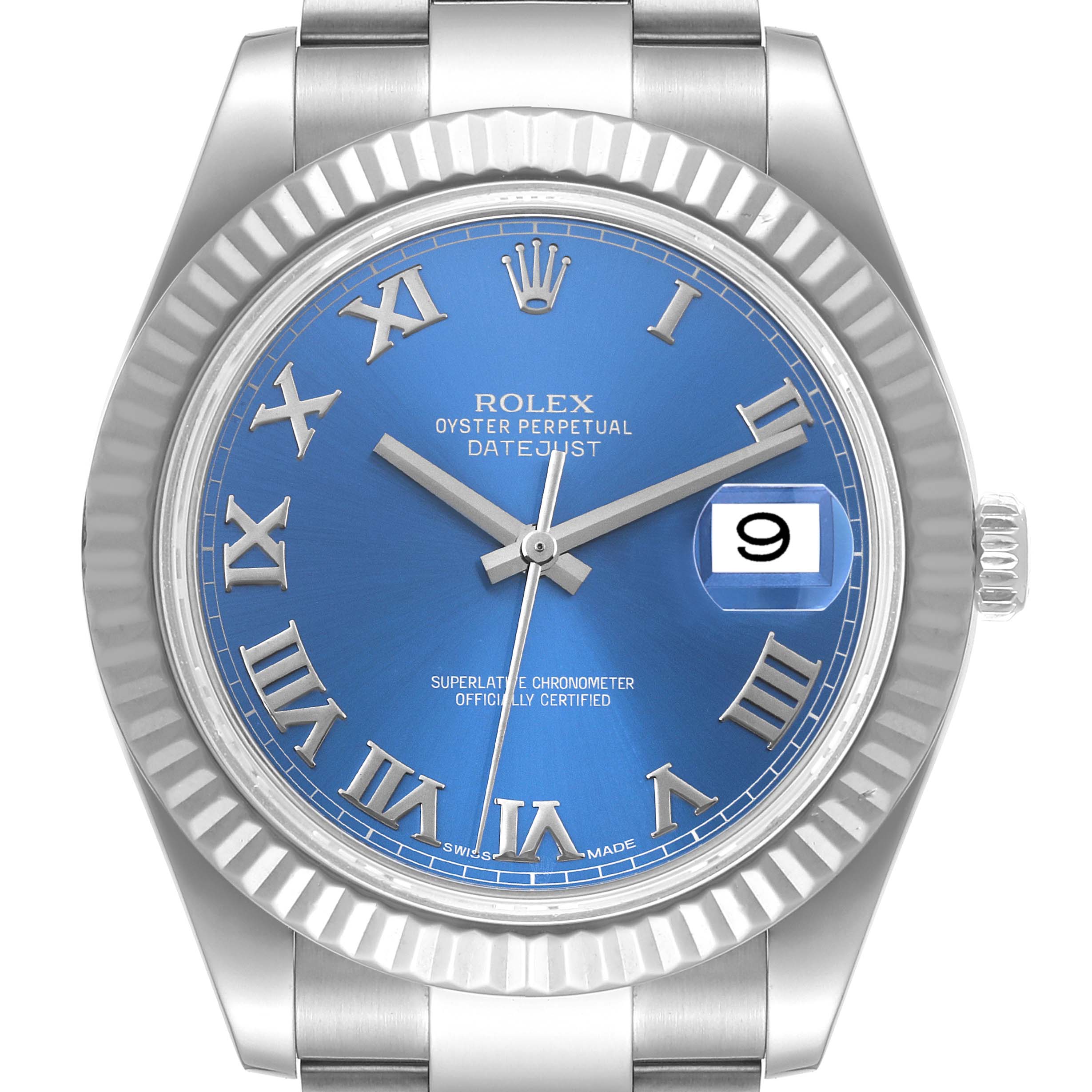 This Rolex Datejust 41 116334 Men's Stainless Steel Blue Dial 116334 Men's Stainless Steel Blue Dial watch is displayed from the front, highlighting its blue dial, Roman numerals, fluted bezel, and date window at 3 o'clock.
