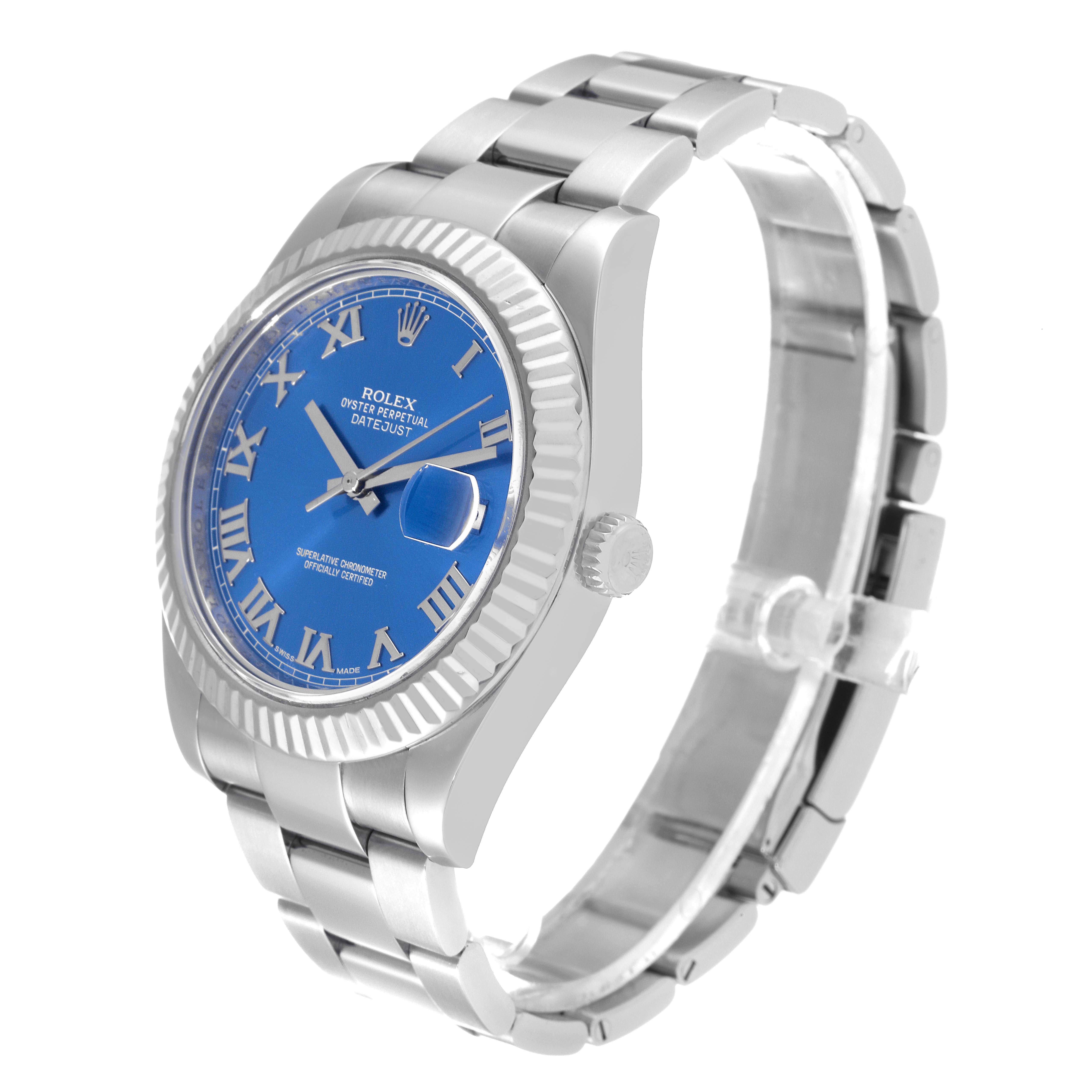 The image shows a side-angle view of a Rolex Datejust 41 116334 Men's Stainless Steel Blue Dial 116334 Men's Stainless Steel Blue Dial, highlighting its blue dial, fluted bezel, and stainless steel bracelet.