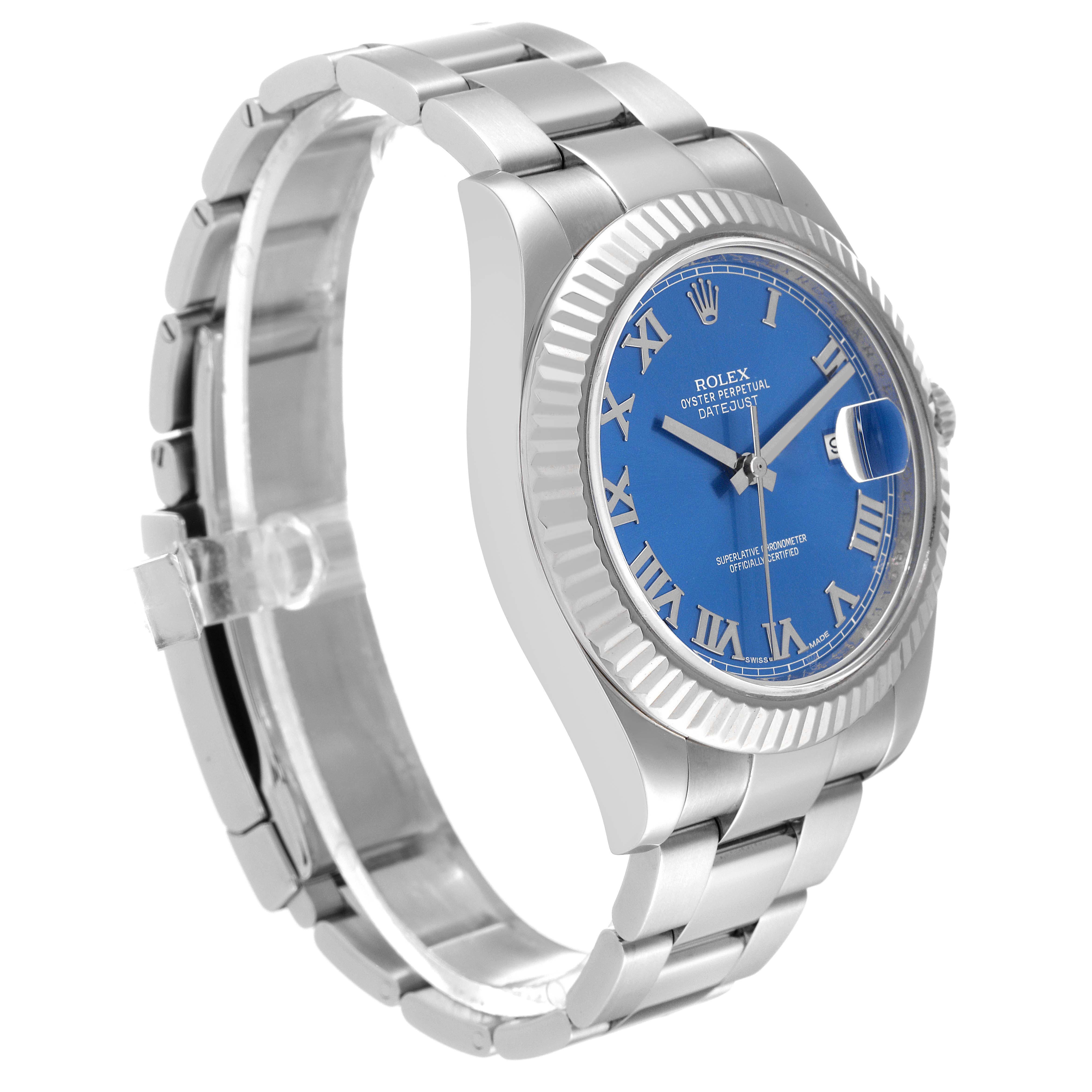 The Rolex Datejust 41 116334 Men's Stainless Steel Blue Dial 116334 Men's Stainless Steel Blue Dial watch is shown at a slight side angle, highlighting the blue dial, fluted bezel, and stainless steel bracelet.