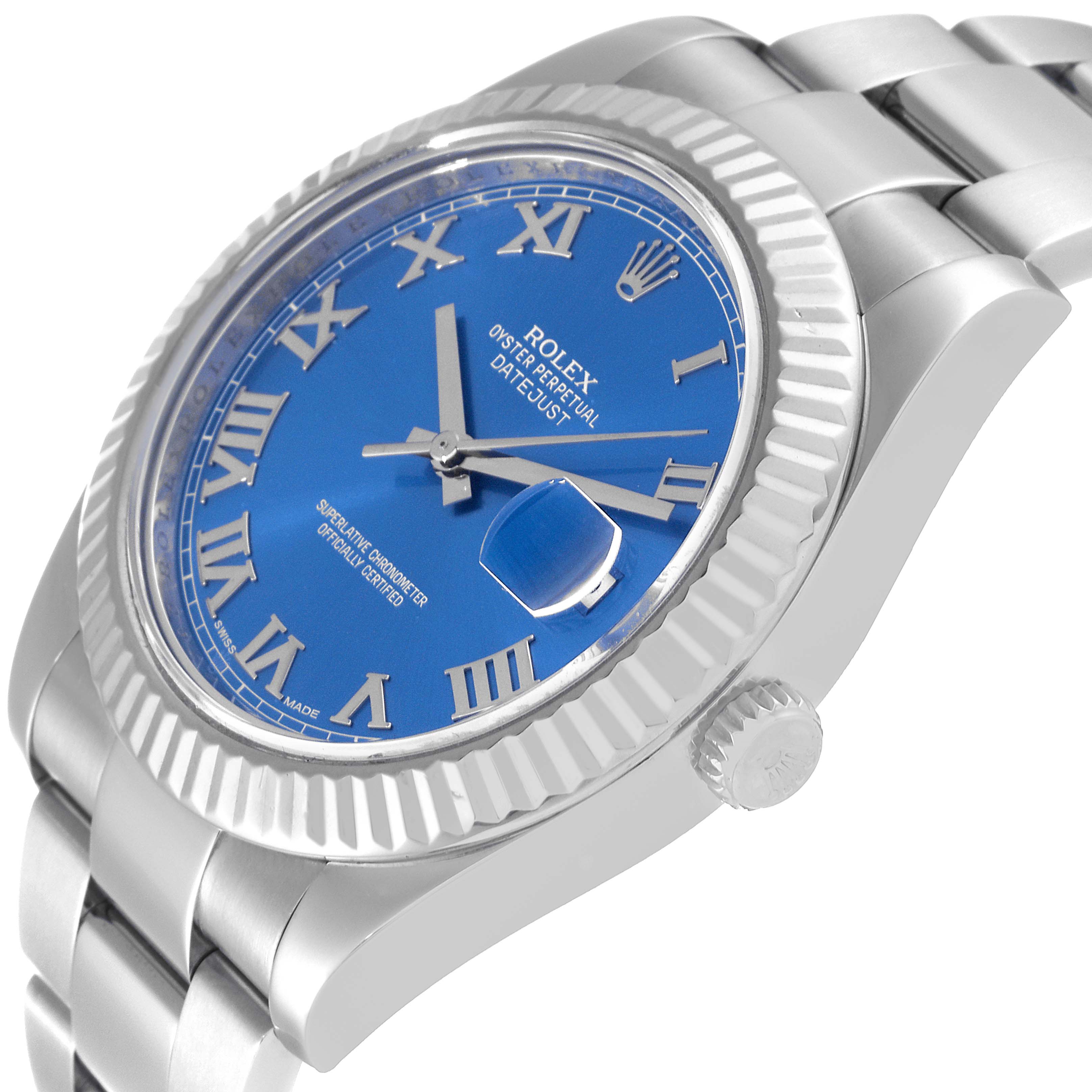 The Rolex Datejust 41 116334 Men's Stainless Steel Blue Dial 116334 Men's Stainless Steel Blue Dial is shown from a three-quarter side angle, highlighting its bracelet, crown, and blue dial.