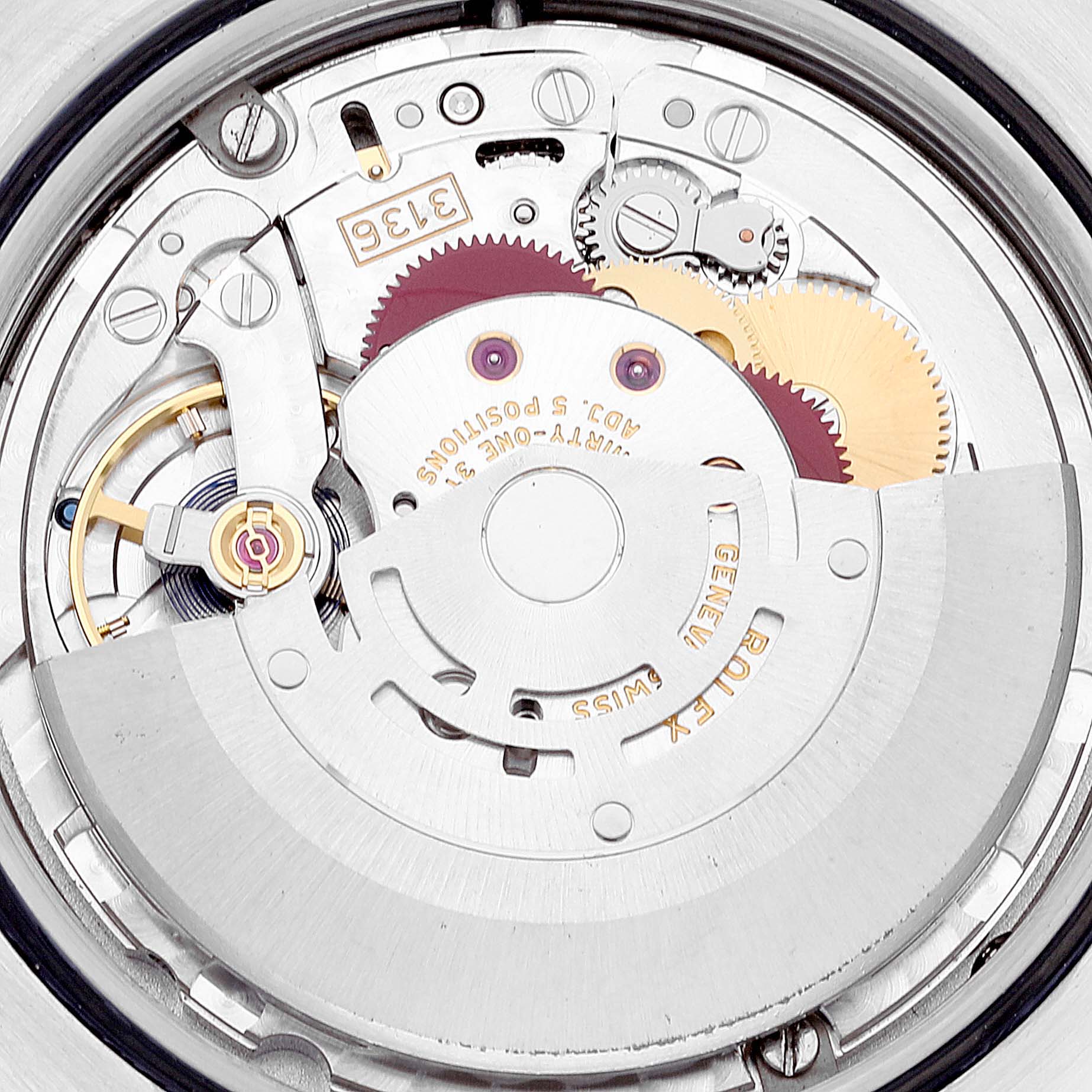 This image shows the movement mechanism of a Rolex Datejust 41 116334 Men's Stainless Steel Blue Dial 116334 Men's Stainless Steel Blue Dial watch from a top-down angle.