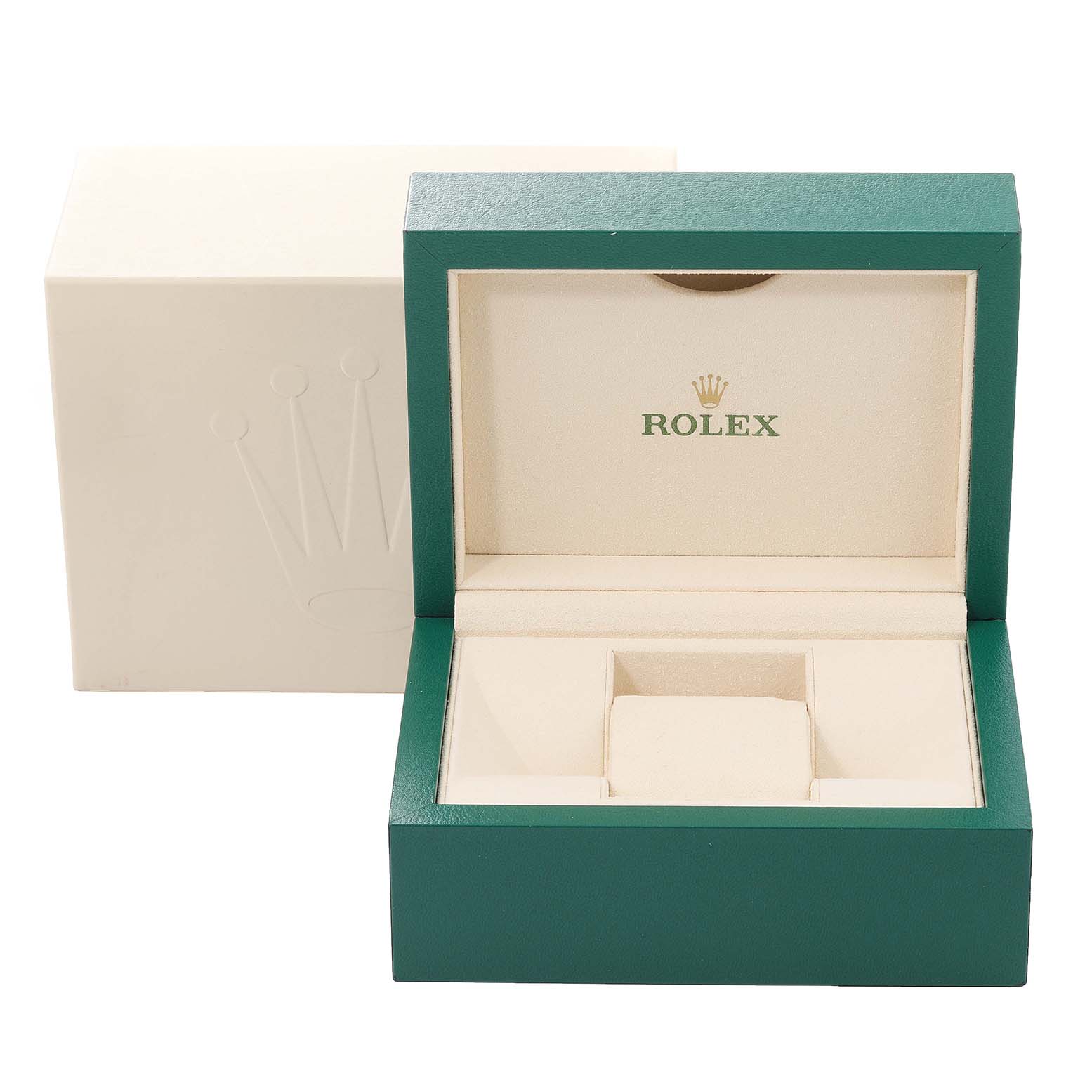 The image shows the packaging of a Rolex Datejust 41 116334 Men's Stainless Steel Blue Dial 116334 Men's Stainless Steel Blue Dial, showcasing an open green and beige watch box and an outer white box.