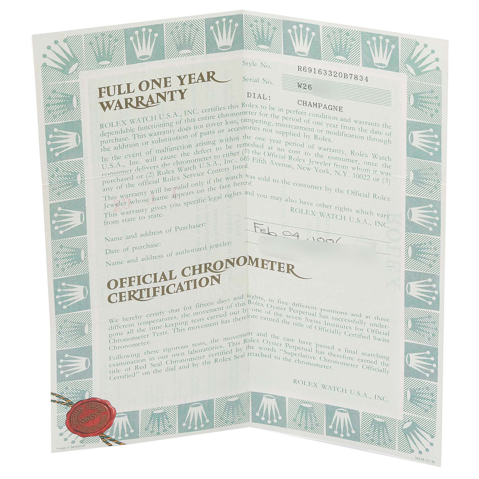 The image shows a warranty and certification card for a Rolex Datejust 69163 Women's Steel and Gold (two tone) Champagne Dial 69163 Women's Steel and Gold (two tone) Champagne Dial model.