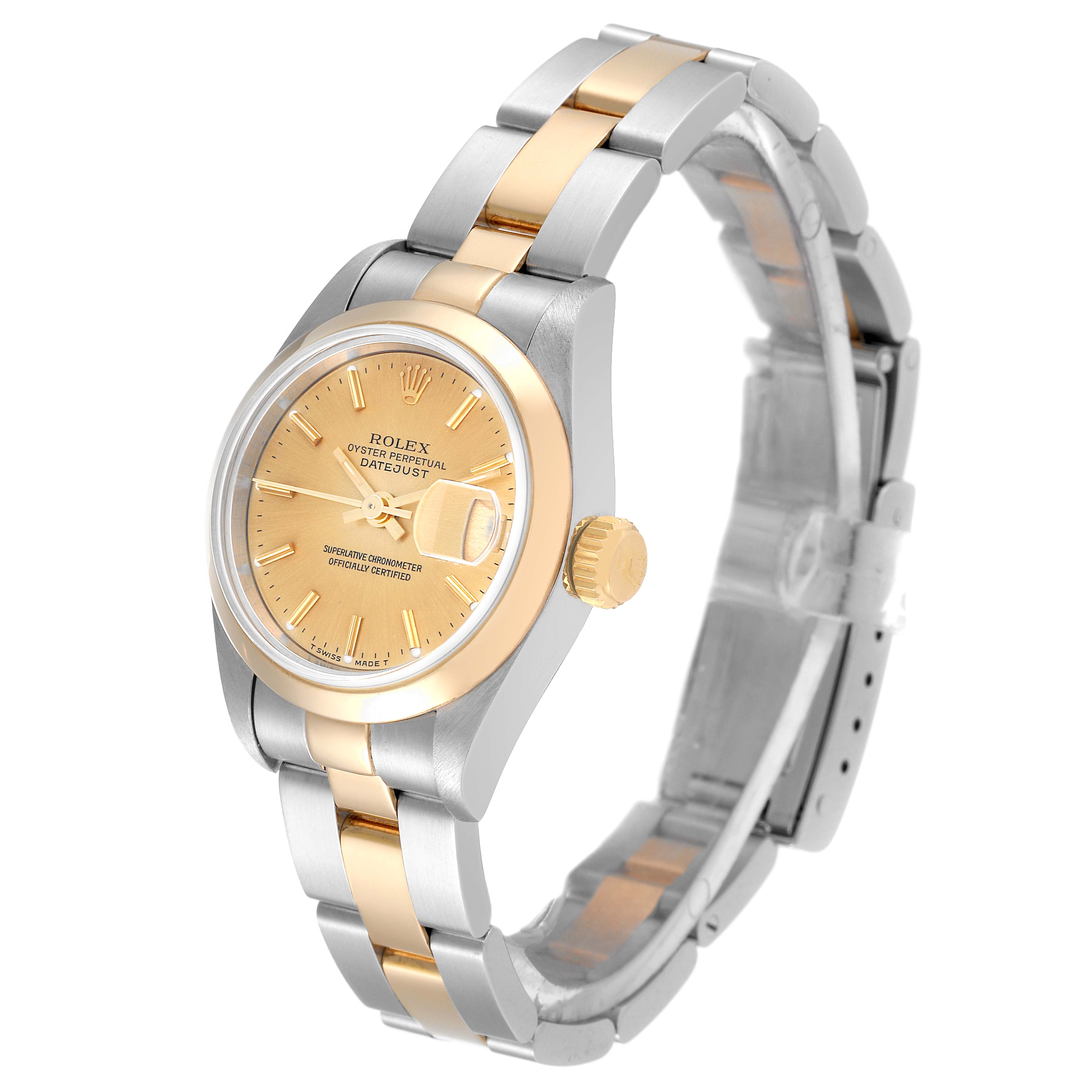 The Rolex Datejust 69163 Women's Steel and Gold (two tone) Champagne Dial 69163 Women's Steel and Gold (two tone) Champagne Dial watch is shown at a slight angled view, displaying the dial, crown, and bracelet.