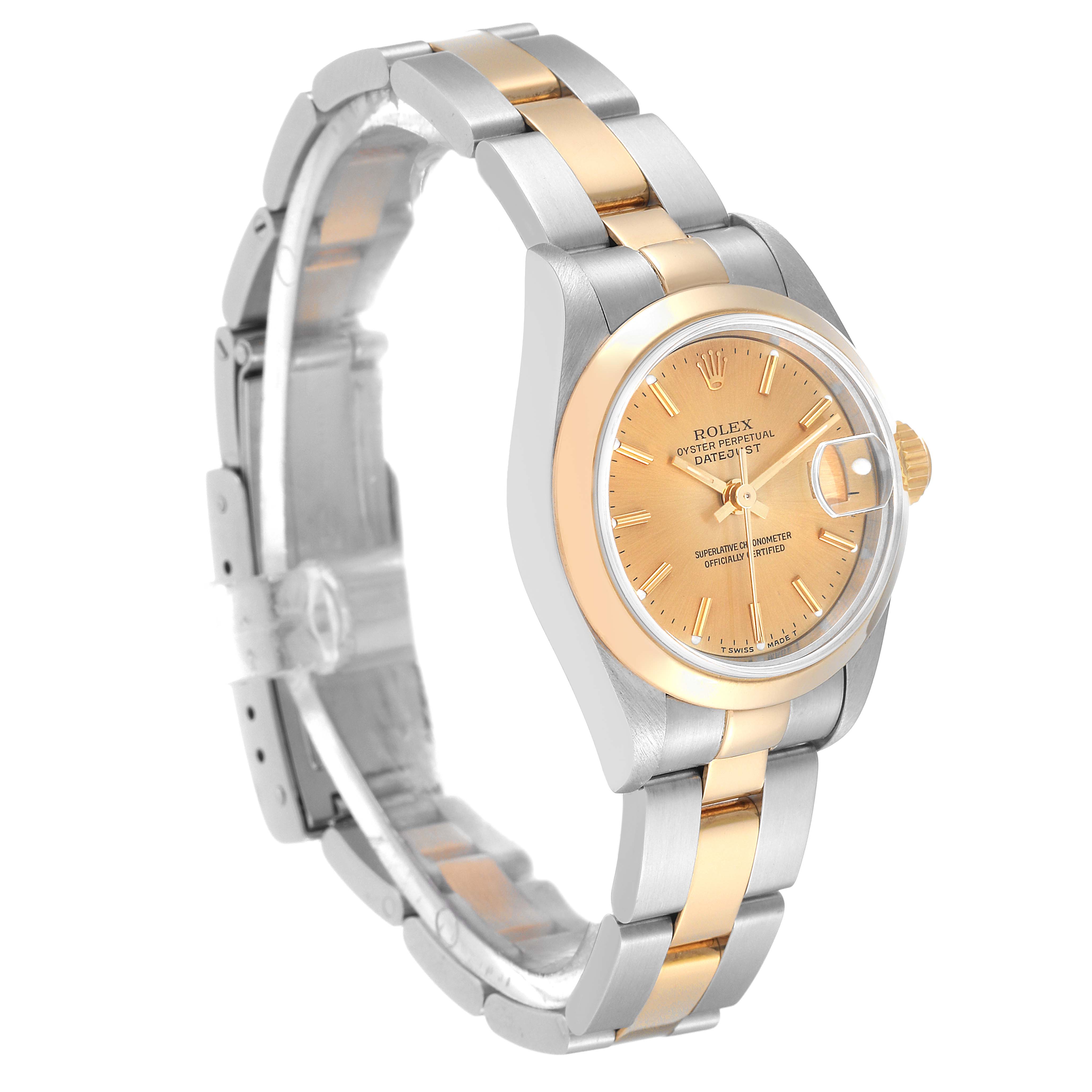 The image shows a Rolex Datejust 69163 Women's Steel and Gold (two tone) Champagne Dial 69163 Women's Steel and Gold (two tone) Champagne Dial watch at a three-quarter angle, highlighting its bracelet, dial, and case.