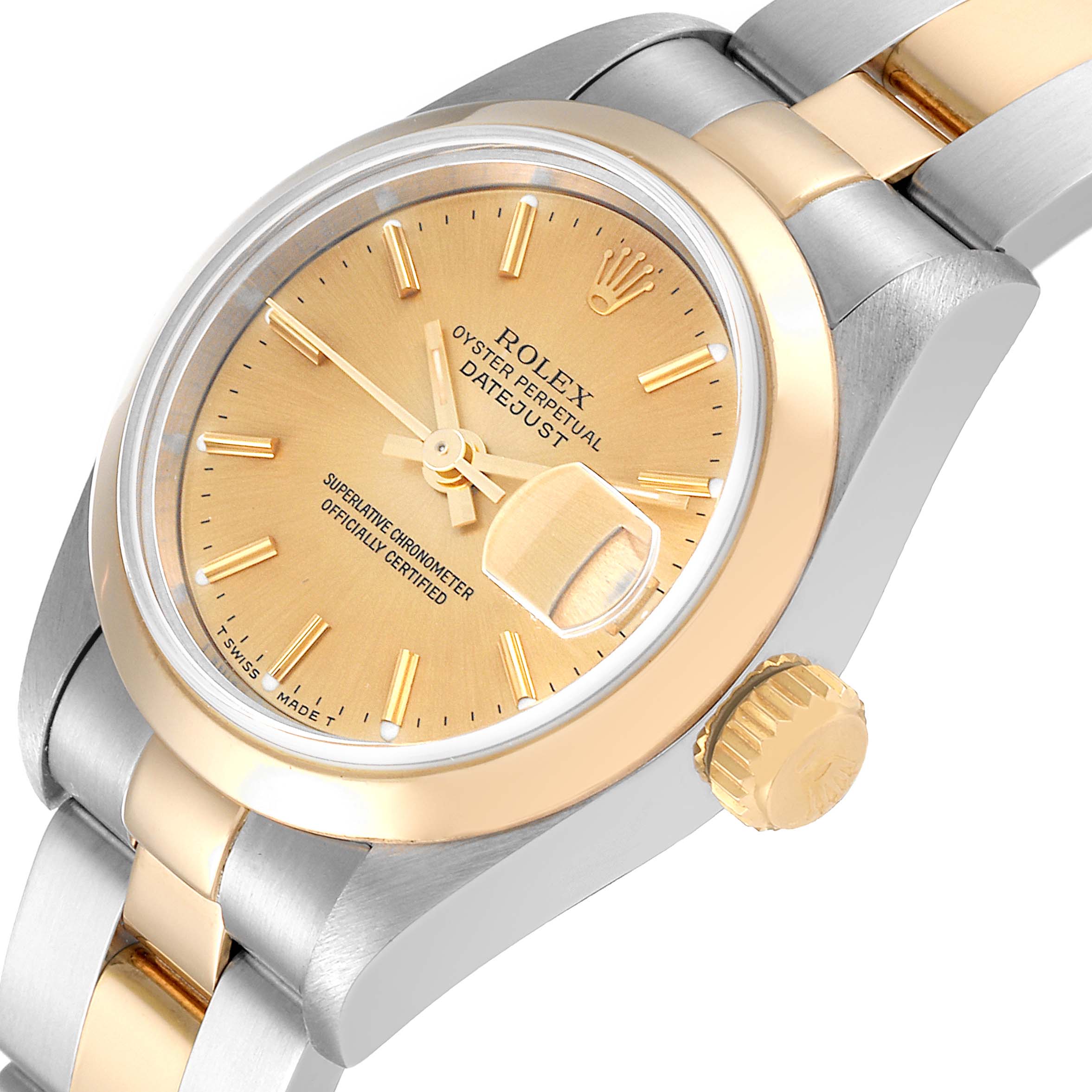 The image shows a close-up, angled view of the Rolex Datejust 69163 Women's Steel and Gold (two tone) Champagne Dial 69163 Women's Steel and Gold (two tone) Champagne Dial watch, highlighting its dial, bezel, crown, and part of the bracelet.