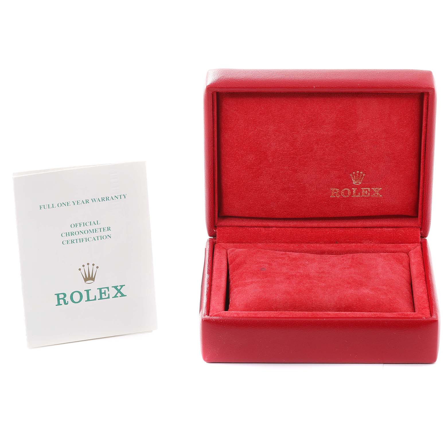 This image shows a red Rolex Datejust 69163 Women's Steel and Gold (two tone) Champagne Dial 69163 Women's Steel and Gold (two tone) Champagne Dial watch box and an official chronometer certification booklet.