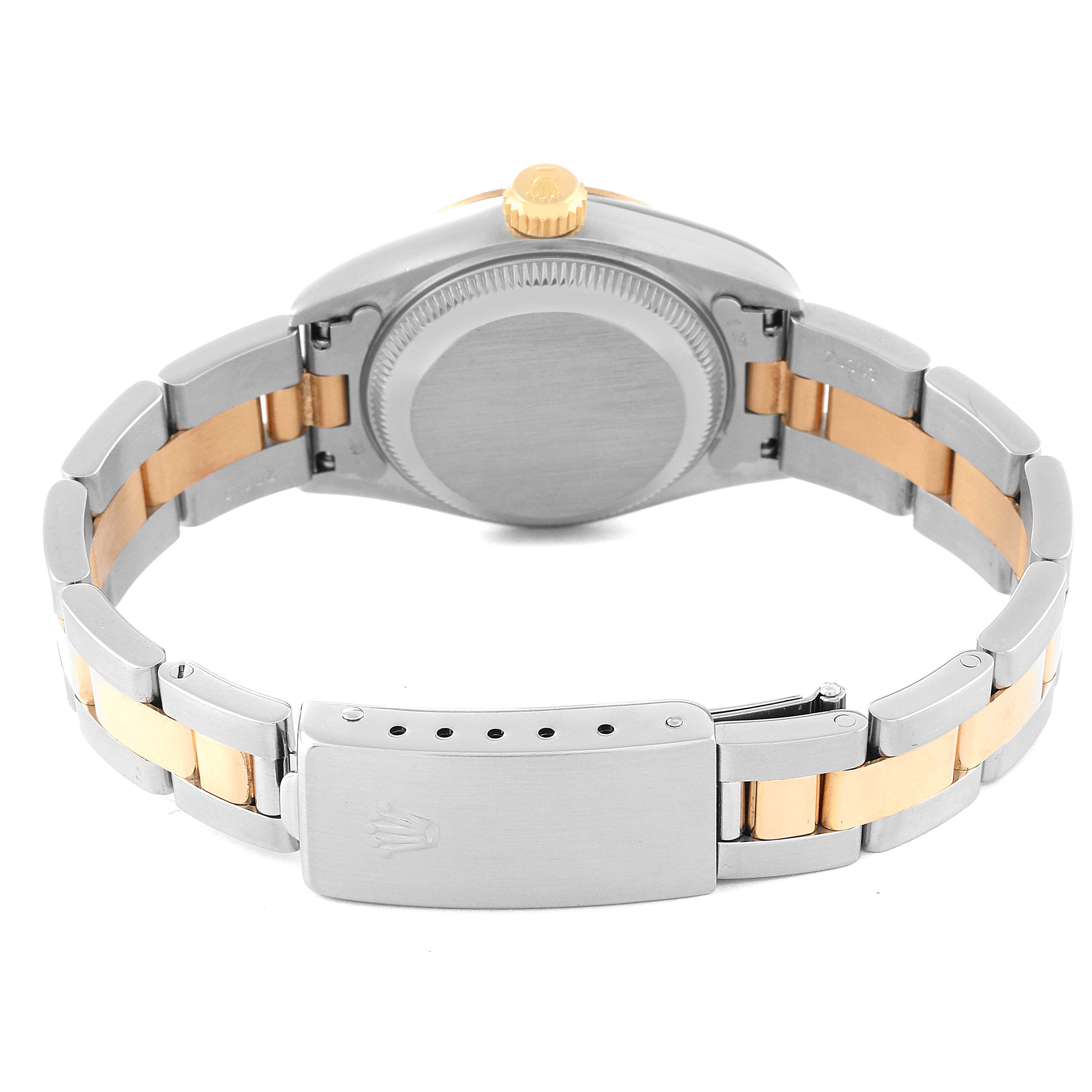 The Rolex Datejust 69163 Women's Steel and Gold (two tone) Champagne Dial 69163 Women's Steel and Gold (two tone) Champagne Dial watch is shown from the back, highlighting the bracelet, caseback, clasp, and crown.